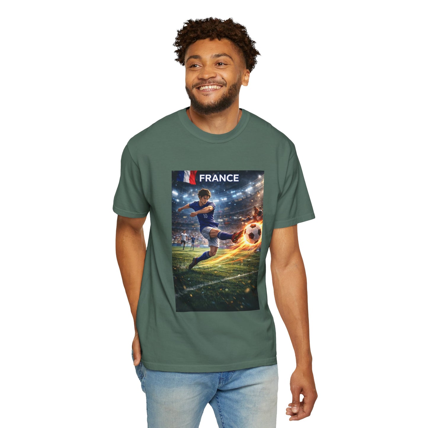 France Soccer Player Graphic T-Shirt — Football Kick Stadium Design