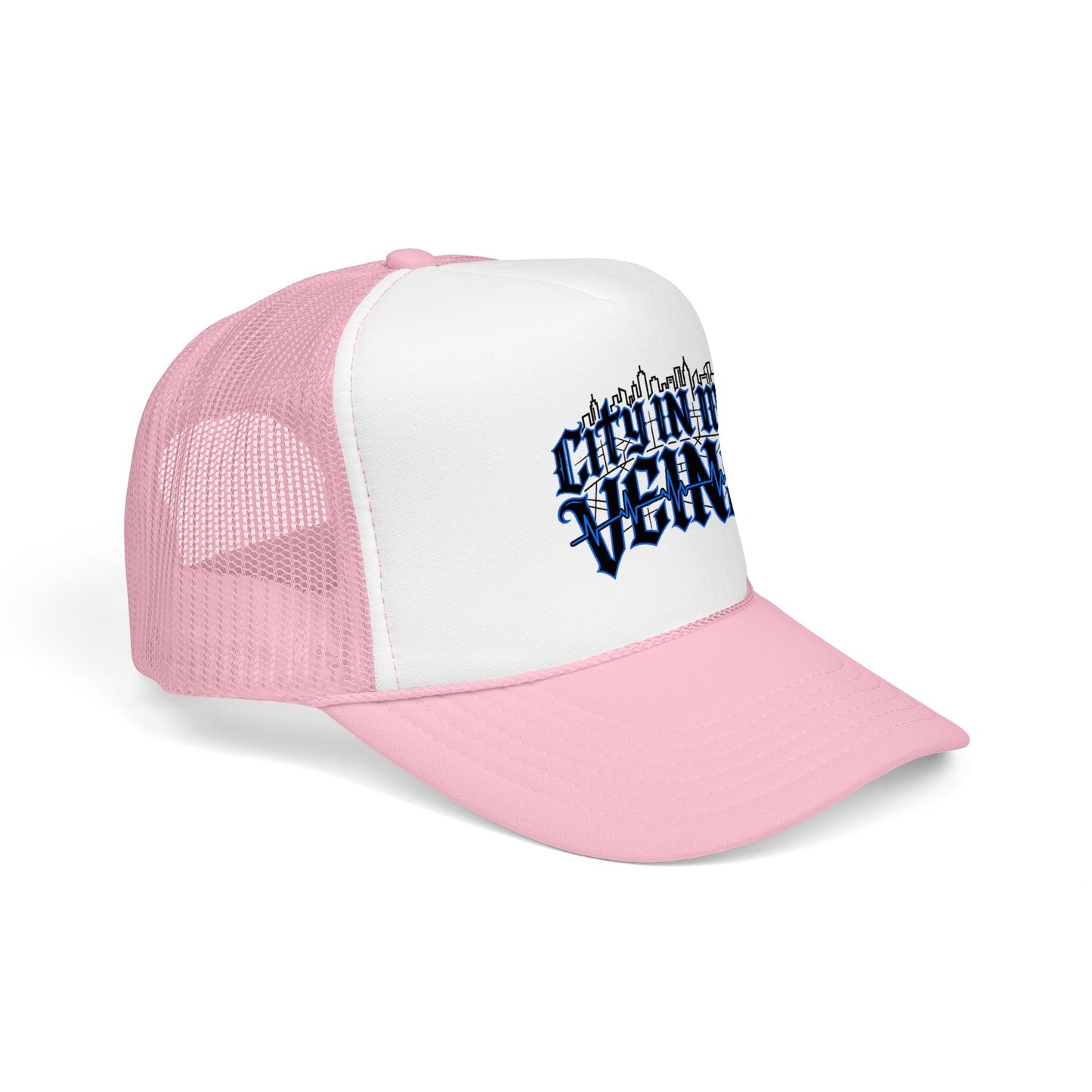 City In My Veins Foam Trucker Hat — Urban Gothic Blue Embroidered Cap