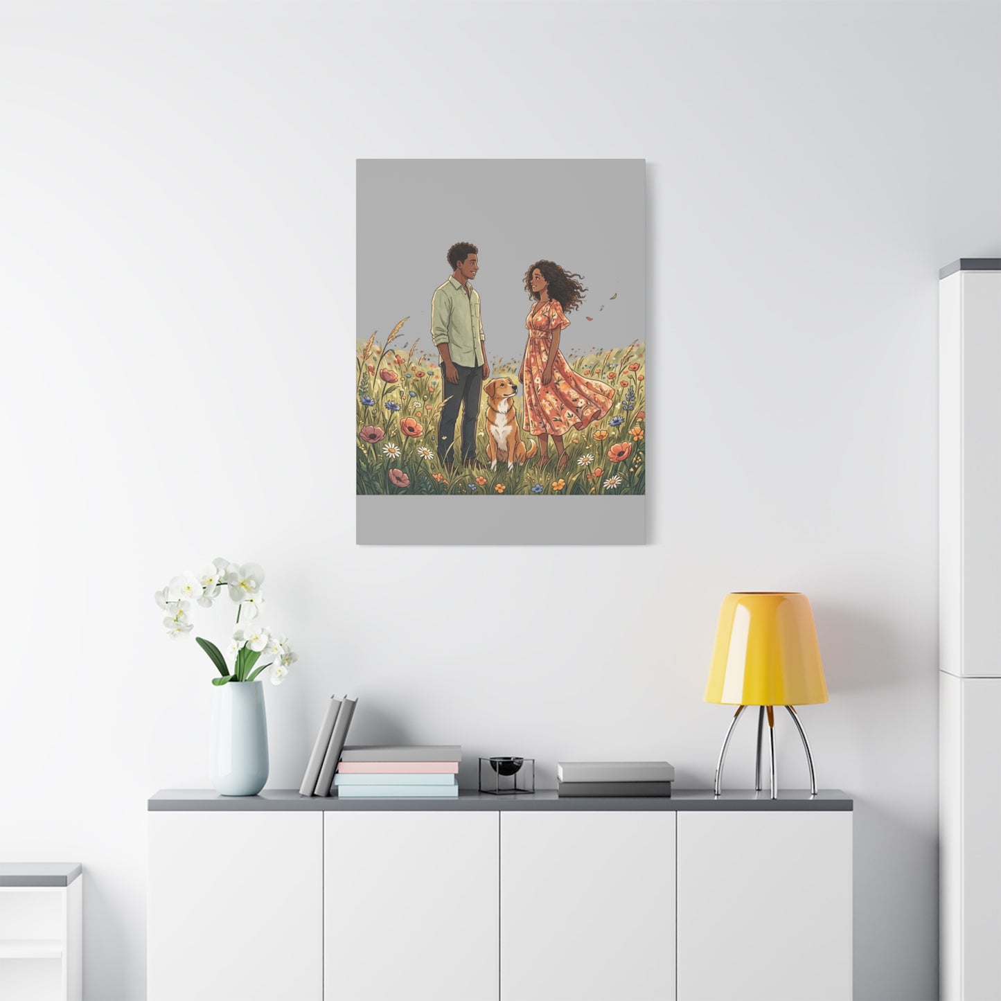 Romantic Couple in Wildflower Field Canvas Art — Black Love Wall Decor with Dog