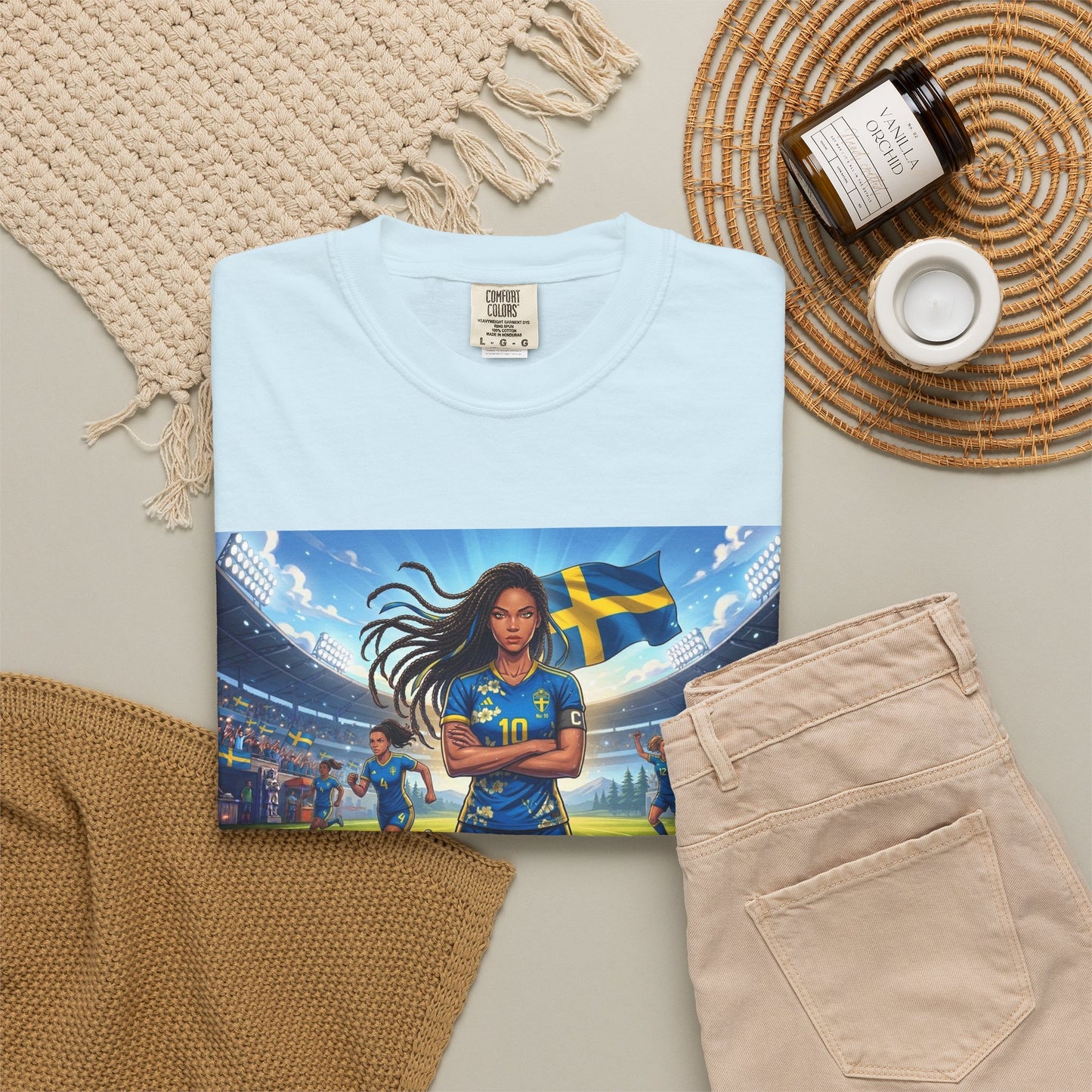 Swedish Soccer Pride T-Shirt — Female Footballer with Flag Stadium Design