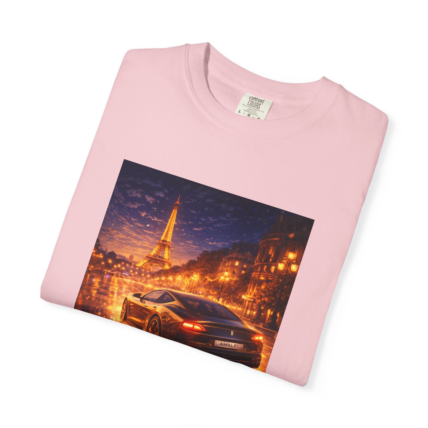 Paris Night Drive T-Shirt — Sports Car in Rainy Cityscape