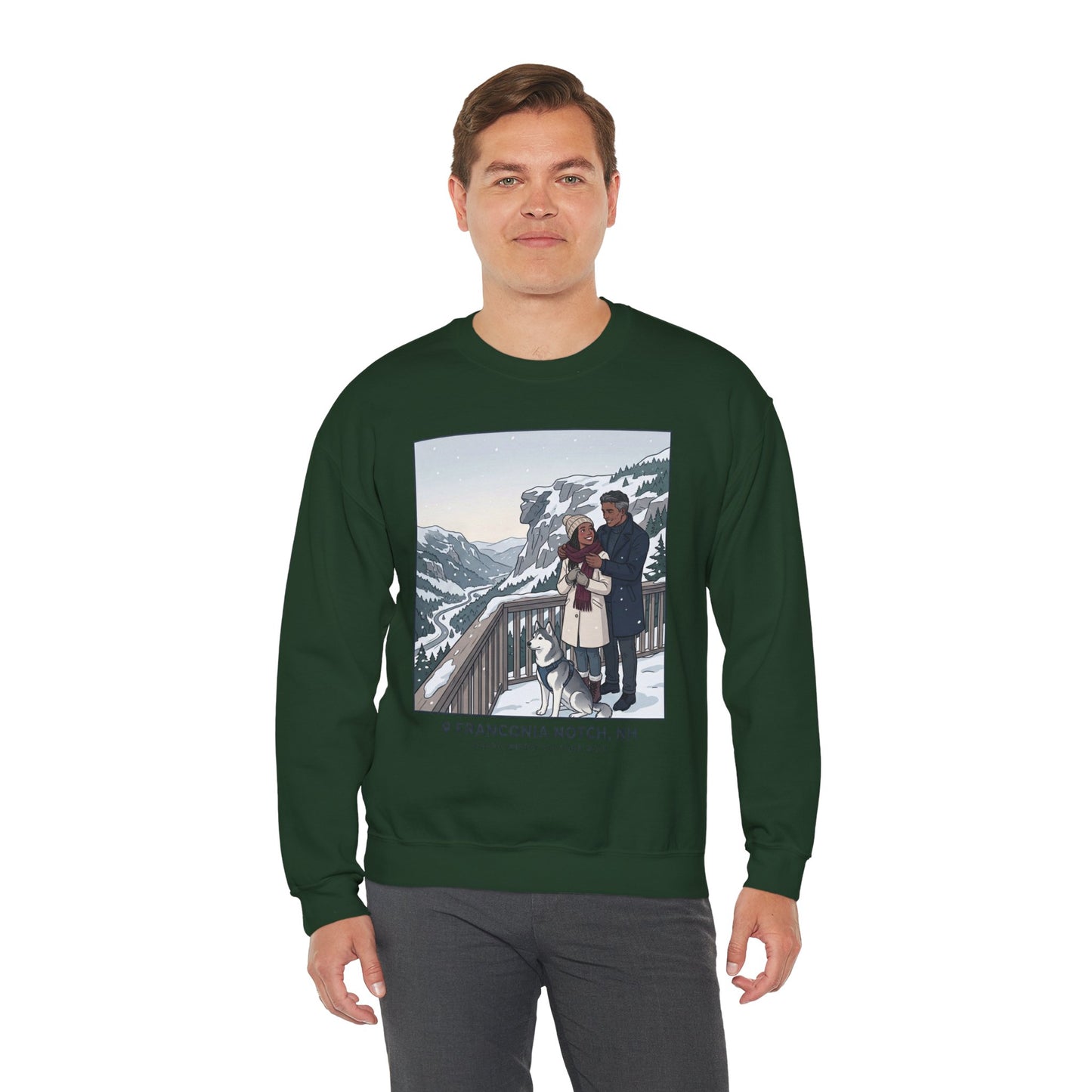 Crewneck Sweatshirt — Franconia Notch Winter Couple Scenic Graphic