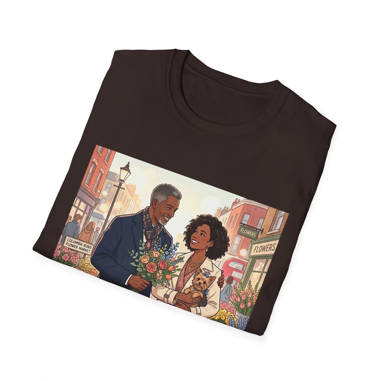 Romantic City Stroll T-Shirt — Couple Bouquet Illustration