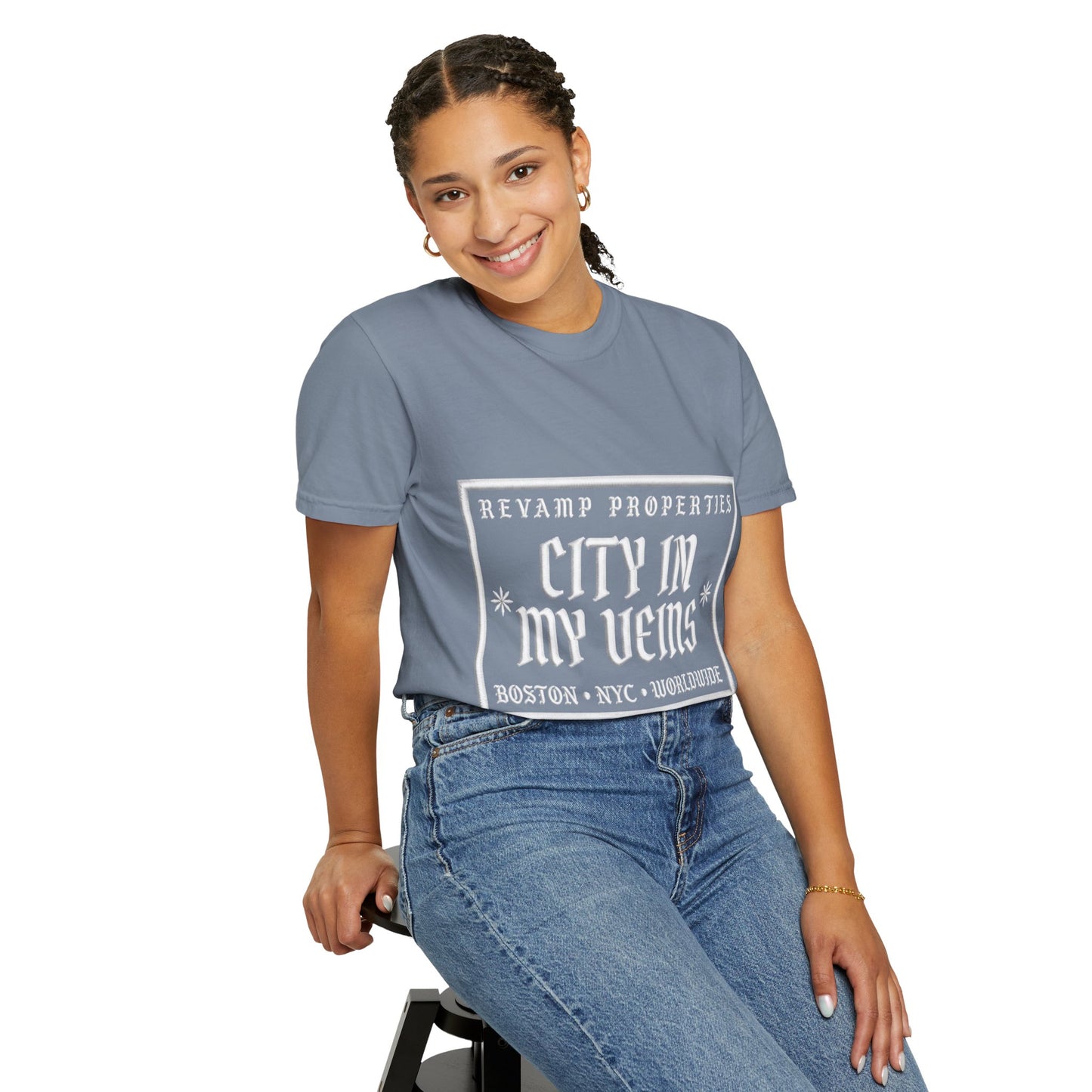 City In My Veins T‑Shirt — Vintage Cityscape Tee (Boston • NYC • Manchester)