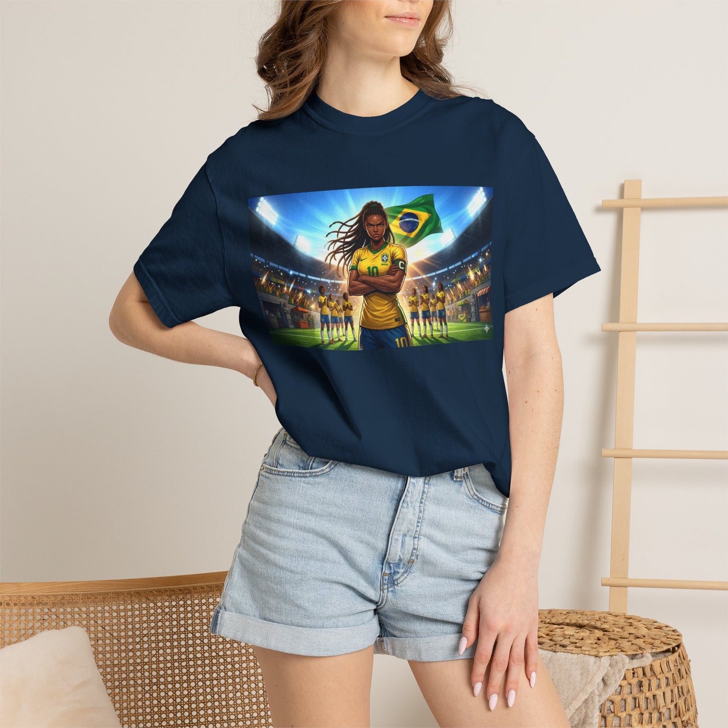 Brazil Soccer Captain T-Shirt — Player Holding Ball with Brazilian Flag Stadium Graphic