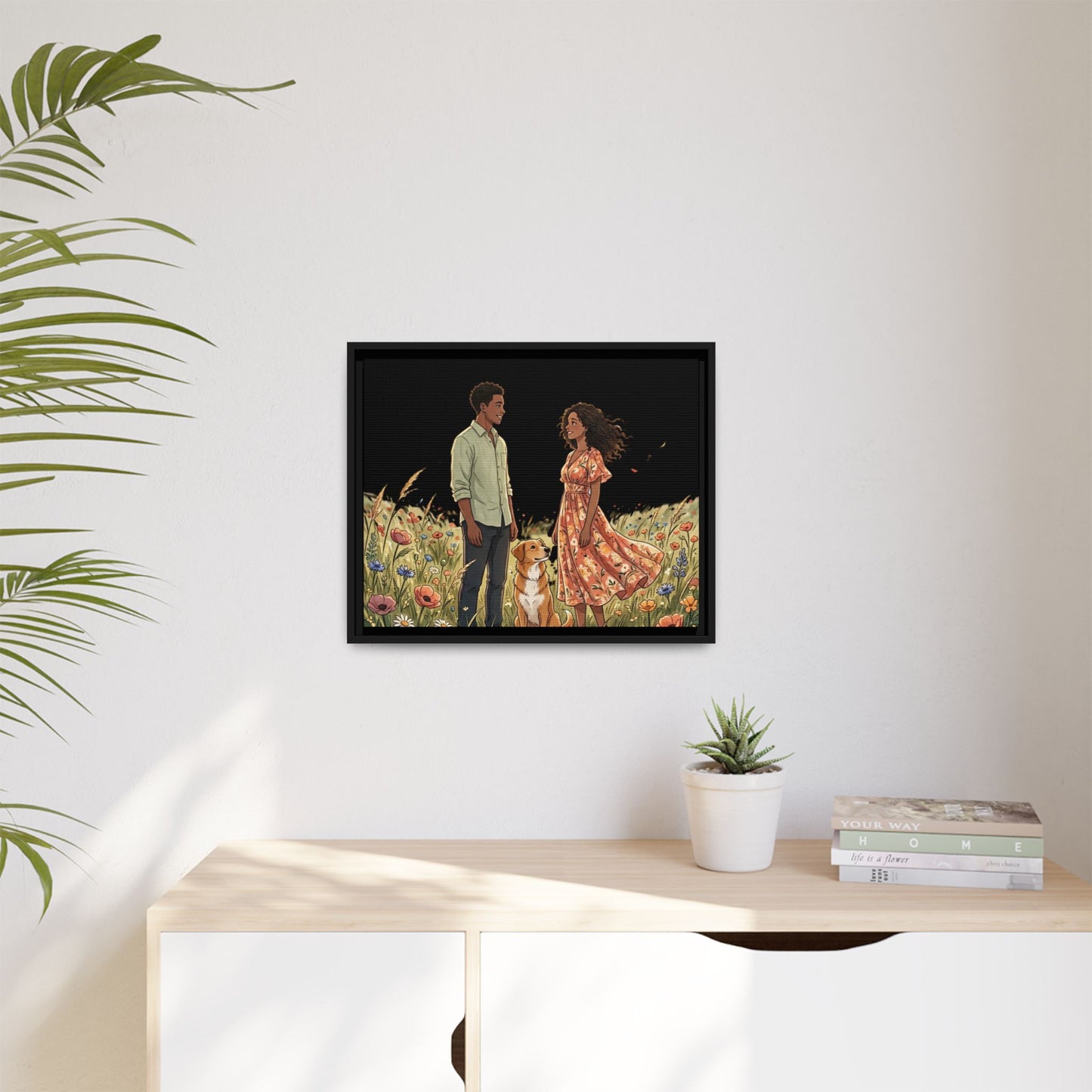 Framed Matte Canvas Print — Romantic Couple in Wildflower Field (Multi‑Color)