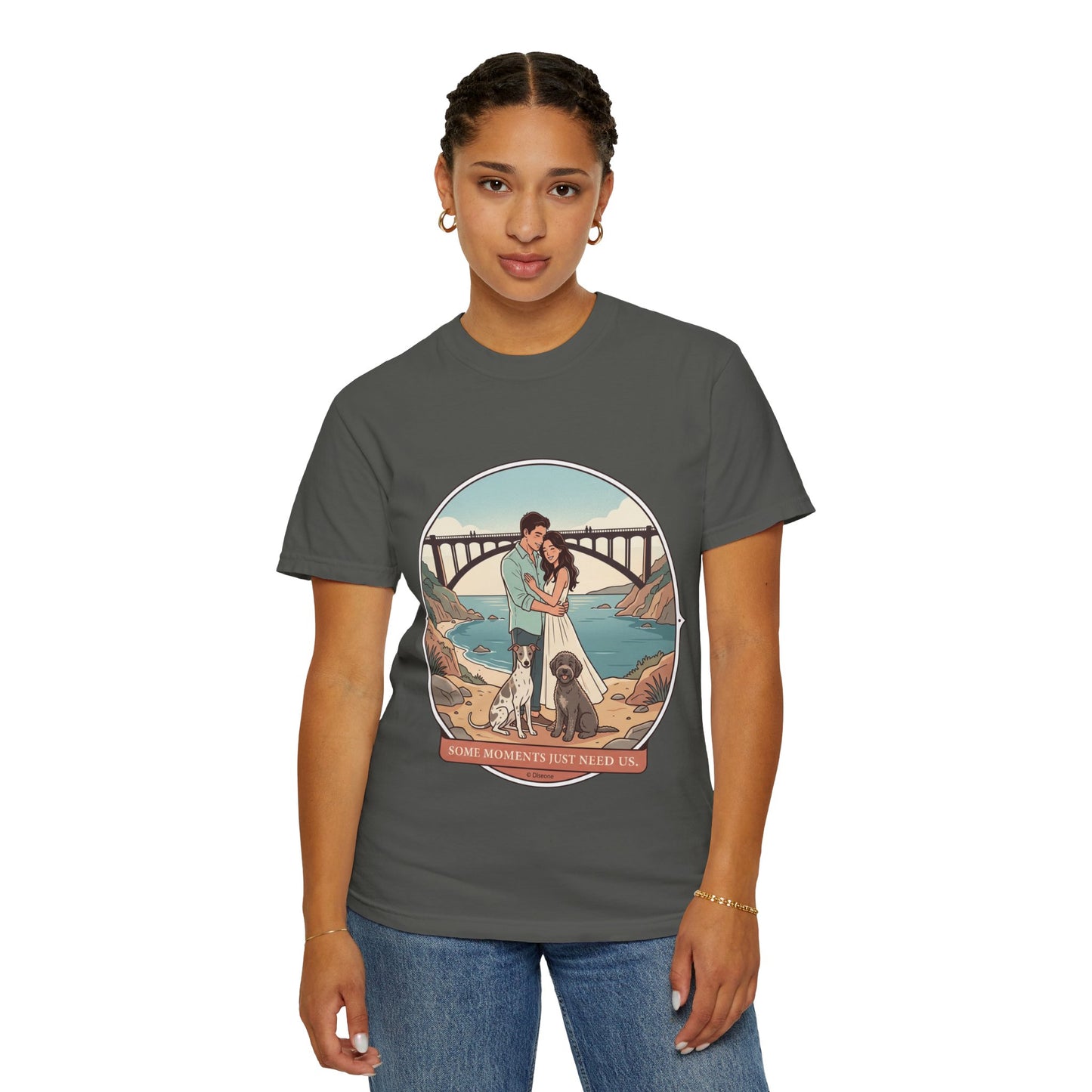 T-Shirt — Romantic Coastal Couples Tee “Some Moments Are Forever” with Dogs