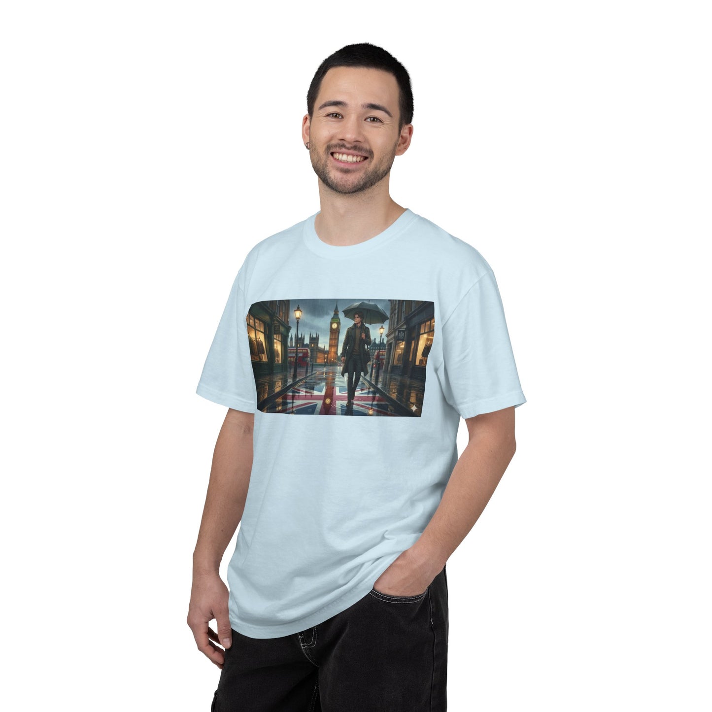 T-Shirt — Rainy London Street Scene Graphic Tee (Big Ben, Umbrella, Night Cityscape)