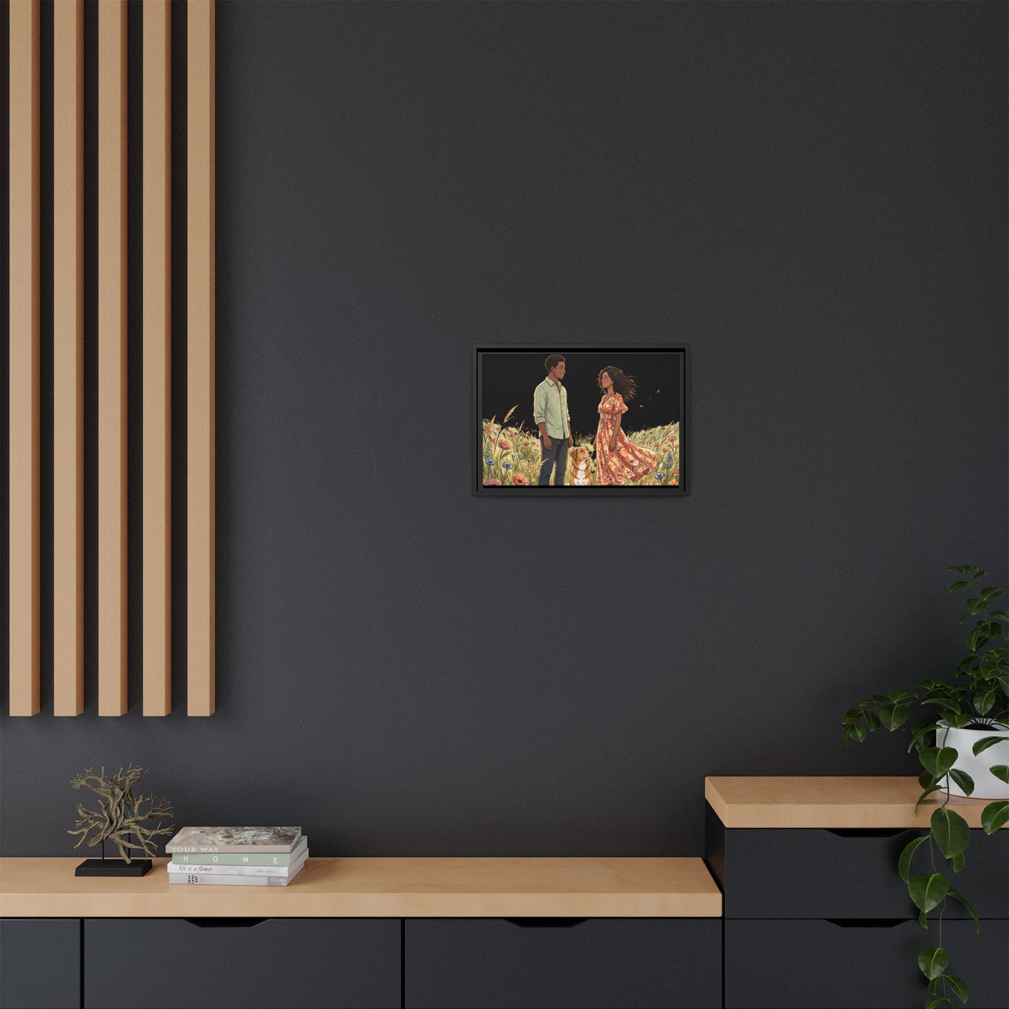 Framed Matte Canvas Print — Romantic Couple in Wildflower Field (Multi‑Color)