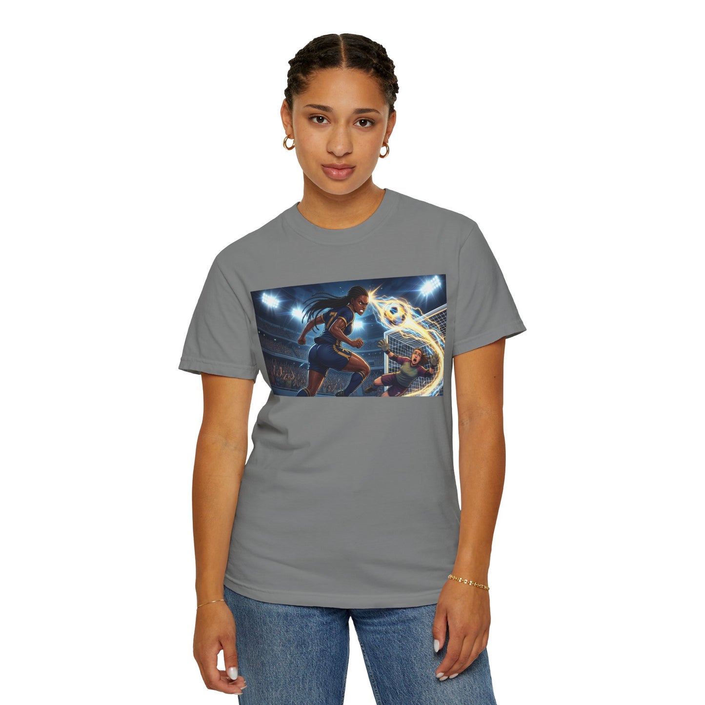 Soccer Duel Graphic T-Shirt — Futuristic Goalkeeper vs Striker Stadium Print