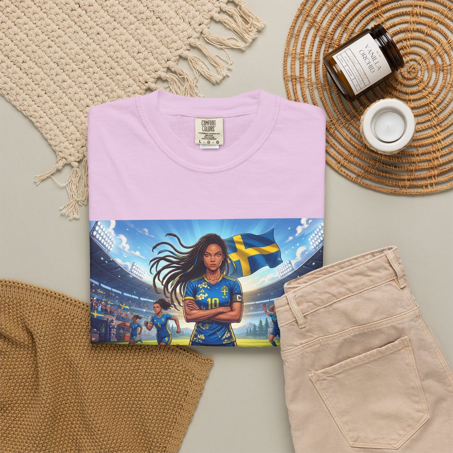 Swedish Soccer Pride T-Shirt — Female Footballer with Flag Stadium Design