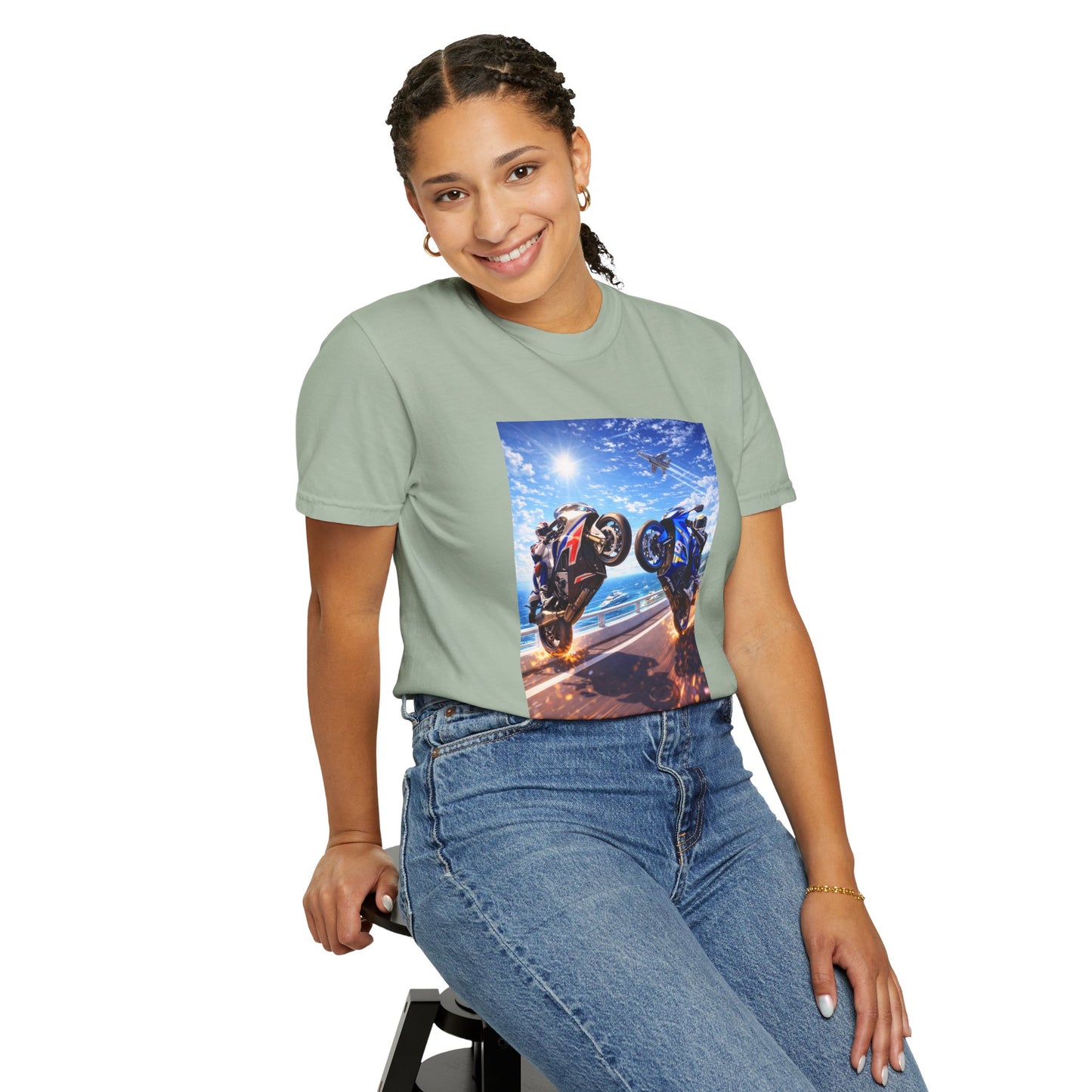 Stunt Riders Motorcycle T-Shirt — Two Bike Wheelie Racing Graphic Tee