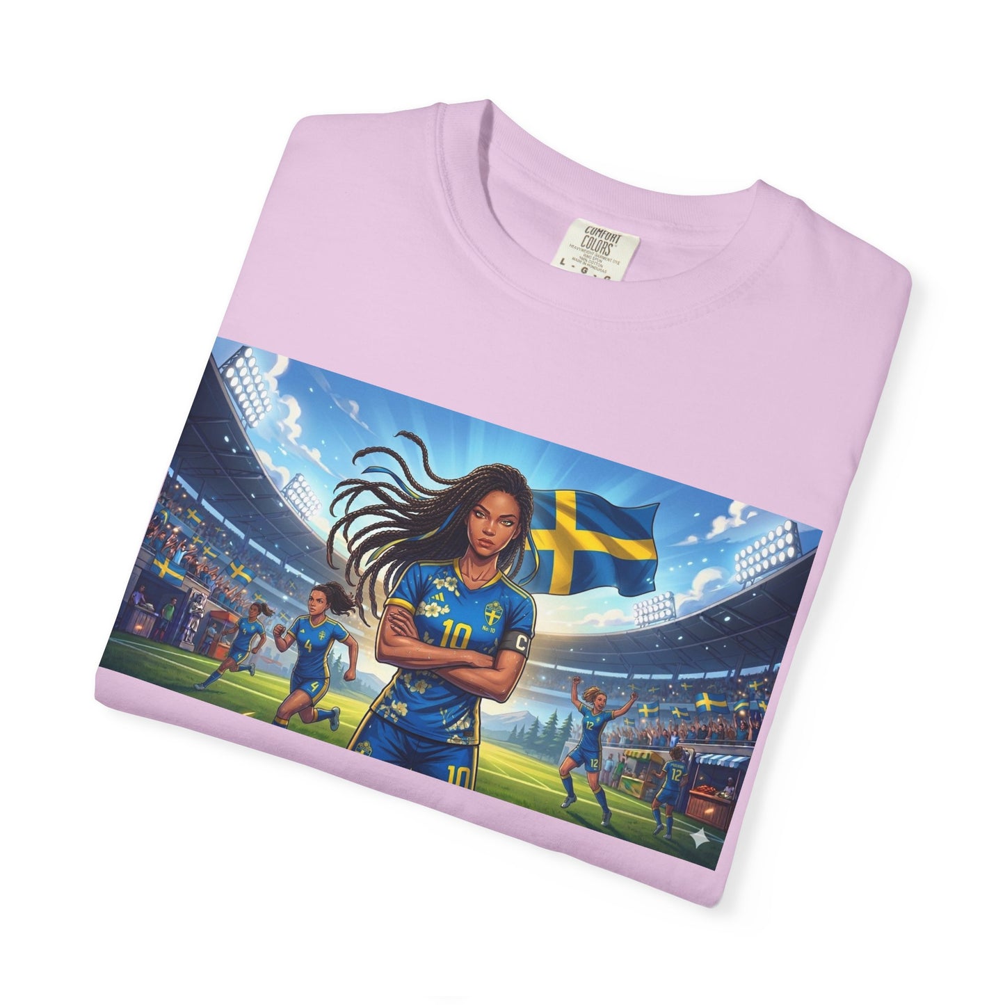 Swedish Soccer Pride T-Shirt — Female Footballer with Flag Stadium Design