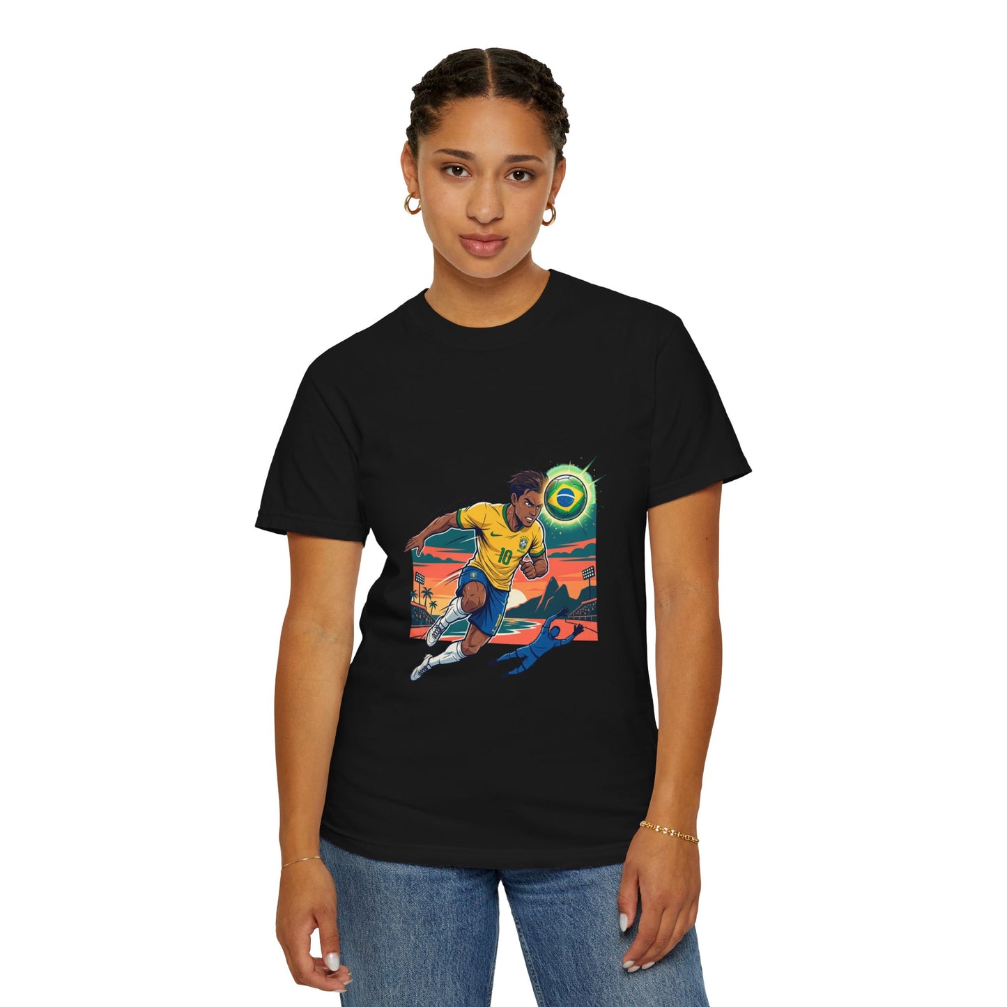 Brazil Soccer Player Graphic T-Shirt — Retro Sunset Football Tee