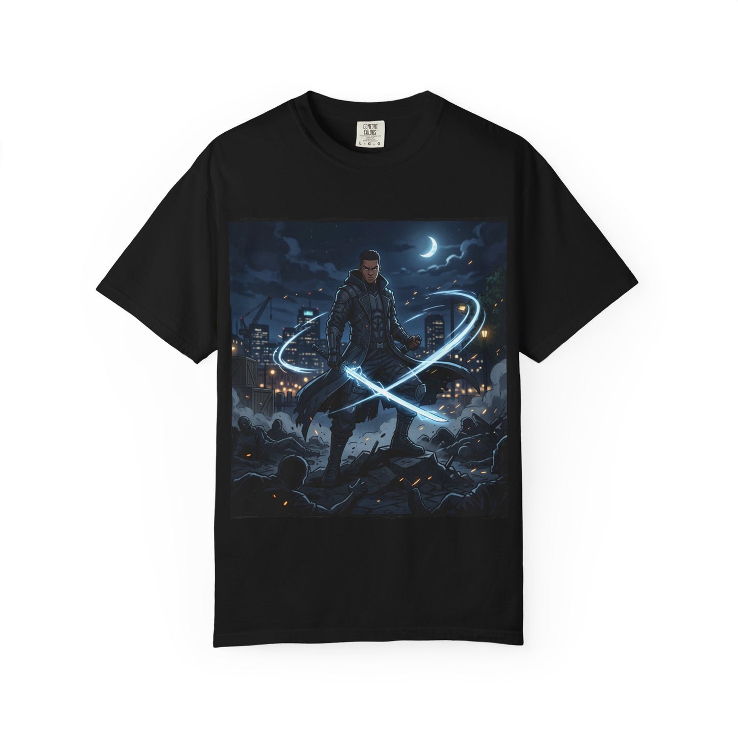 Urban Night Warrior T-Shirt — Neon Samurai Cityscape