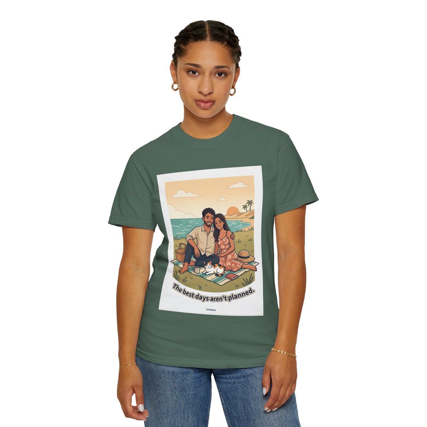 Beach Picnic Couple T‑Shirt — “The best days aren’t planned.” Relaxed Vacation Tee