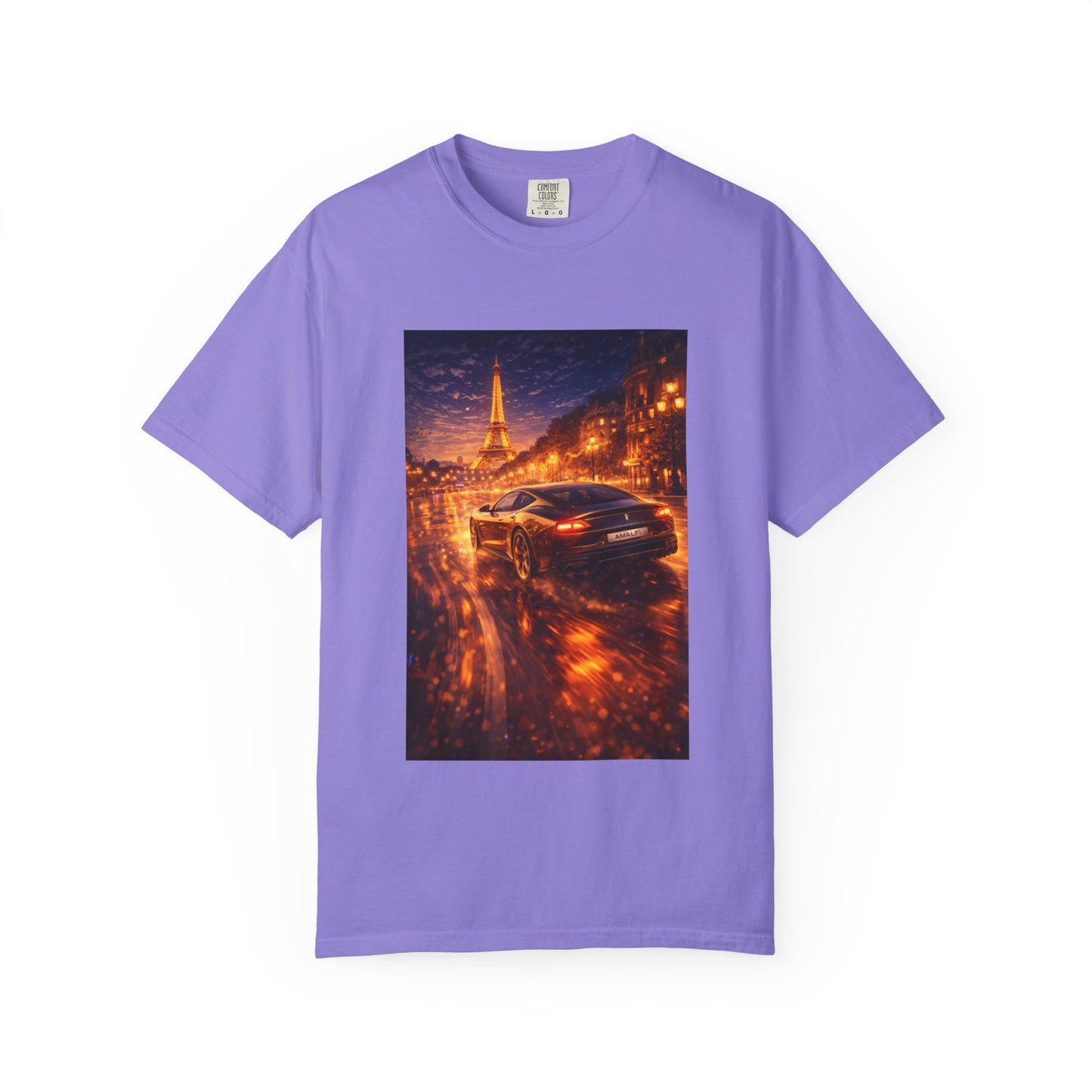 Paris Night Drive T-Shirt — Sports Car in Rainy Cityscape