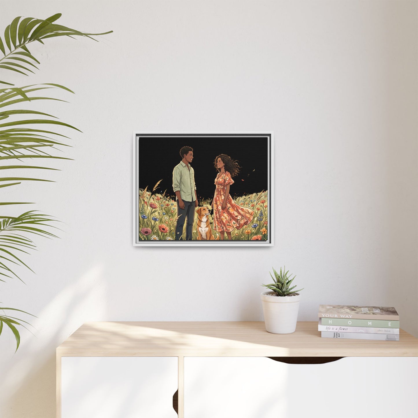 Framed Matte Canvas Print — Romantic Couple in Wildflower Field (Multi‑Color)