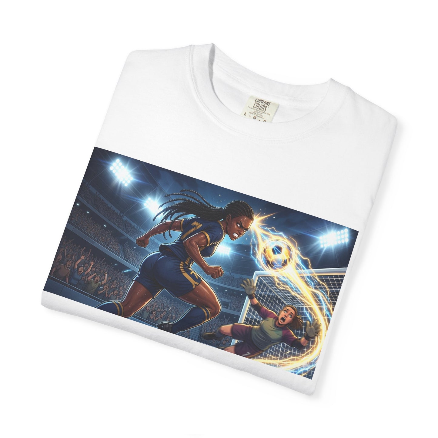 Soccer Duel Graphic T-Shirt — Futuristic Goalkeeper vs Striker Stadium Print