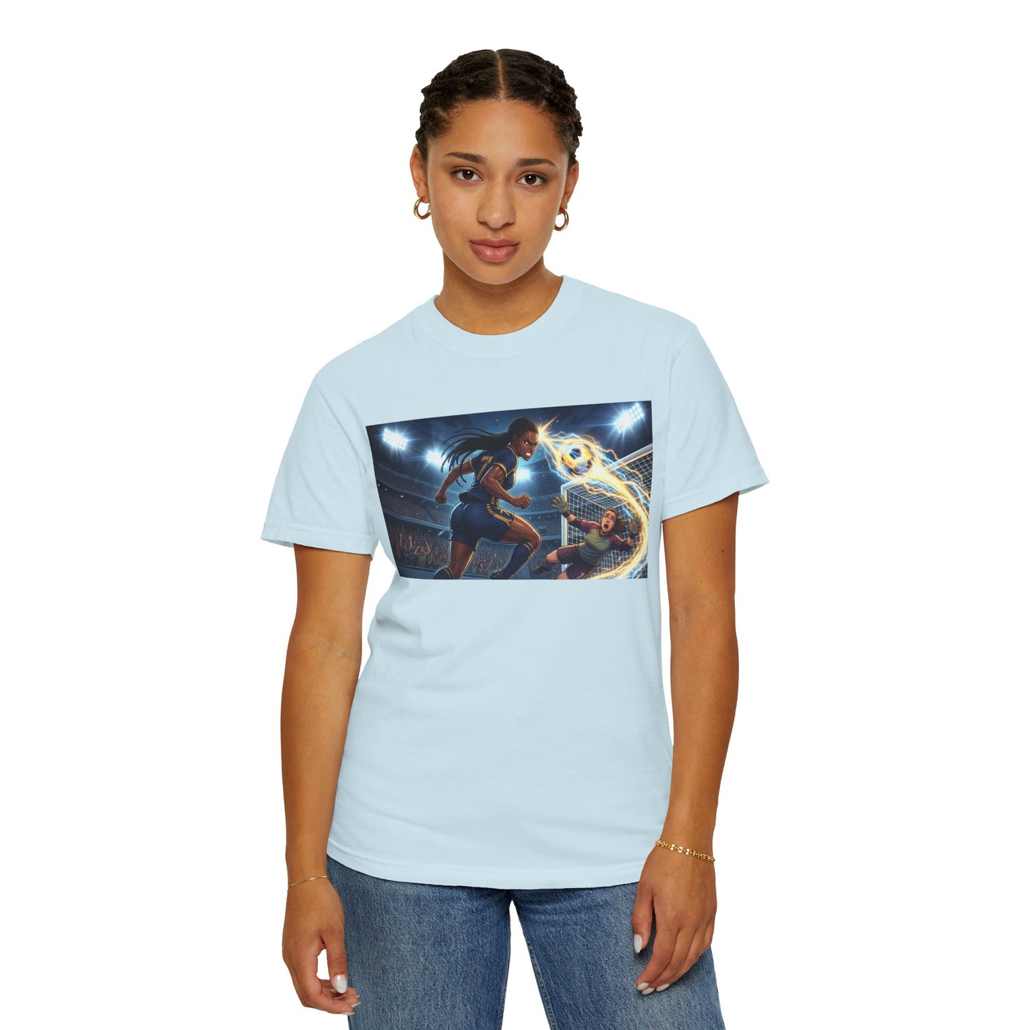 Soccer Duel Graphic T-Shirt — Futuristic Goalkeeper vs Striker Stadium Print