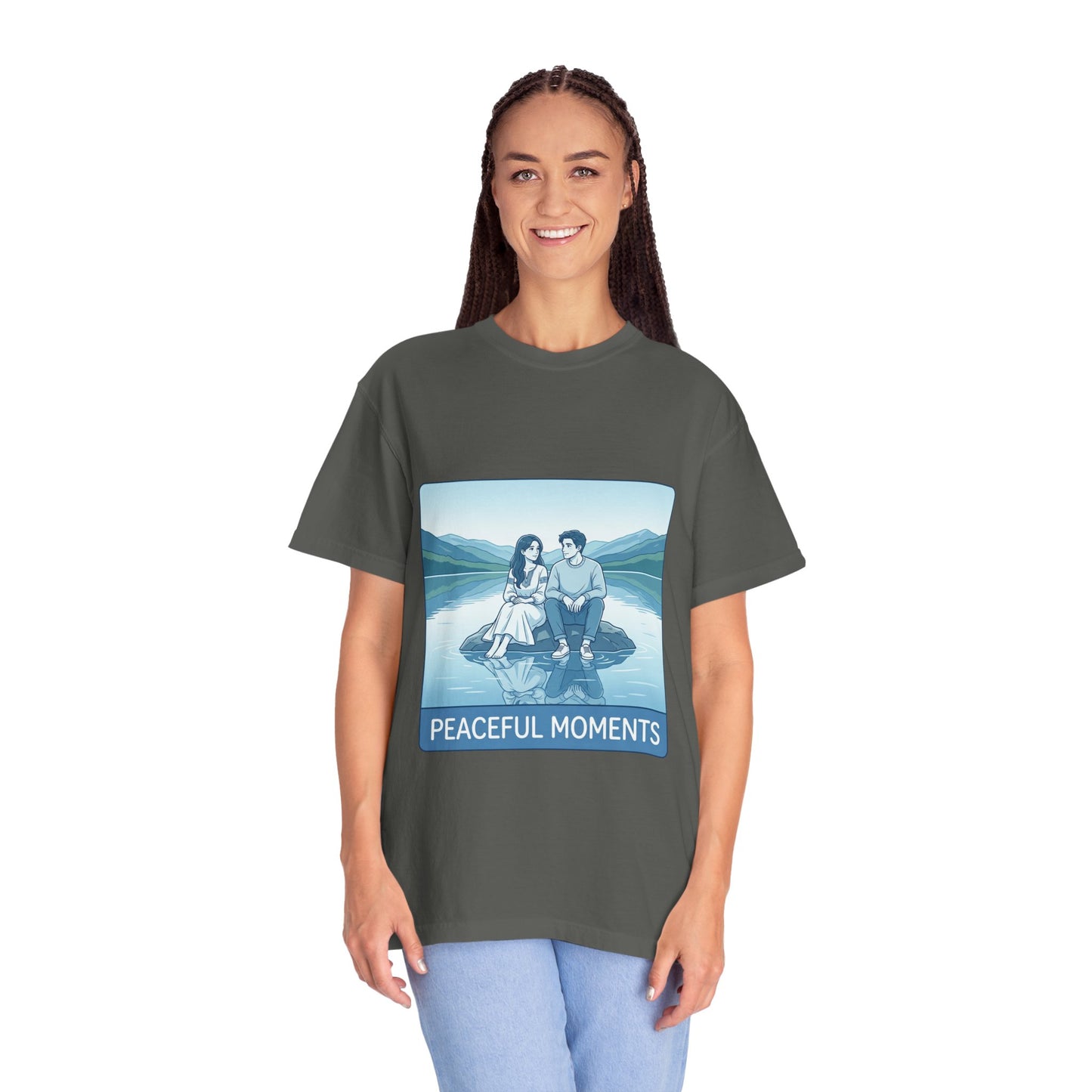 Peaceful Moments Tee — Couple Sitting by Lake Graphic T-Shirt