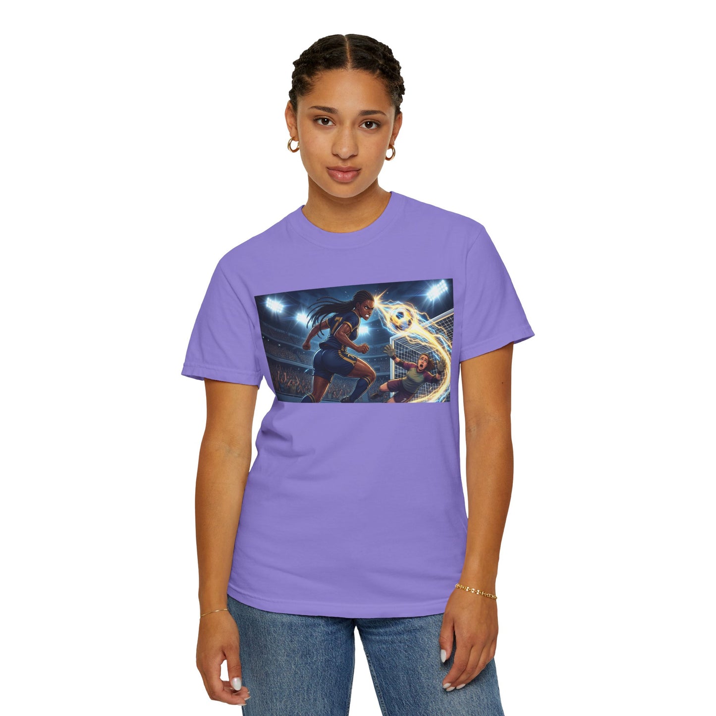 Soccer Duel Graphic T-Shirt — Futuristic Goalkeeper vs Striker Stadium Print