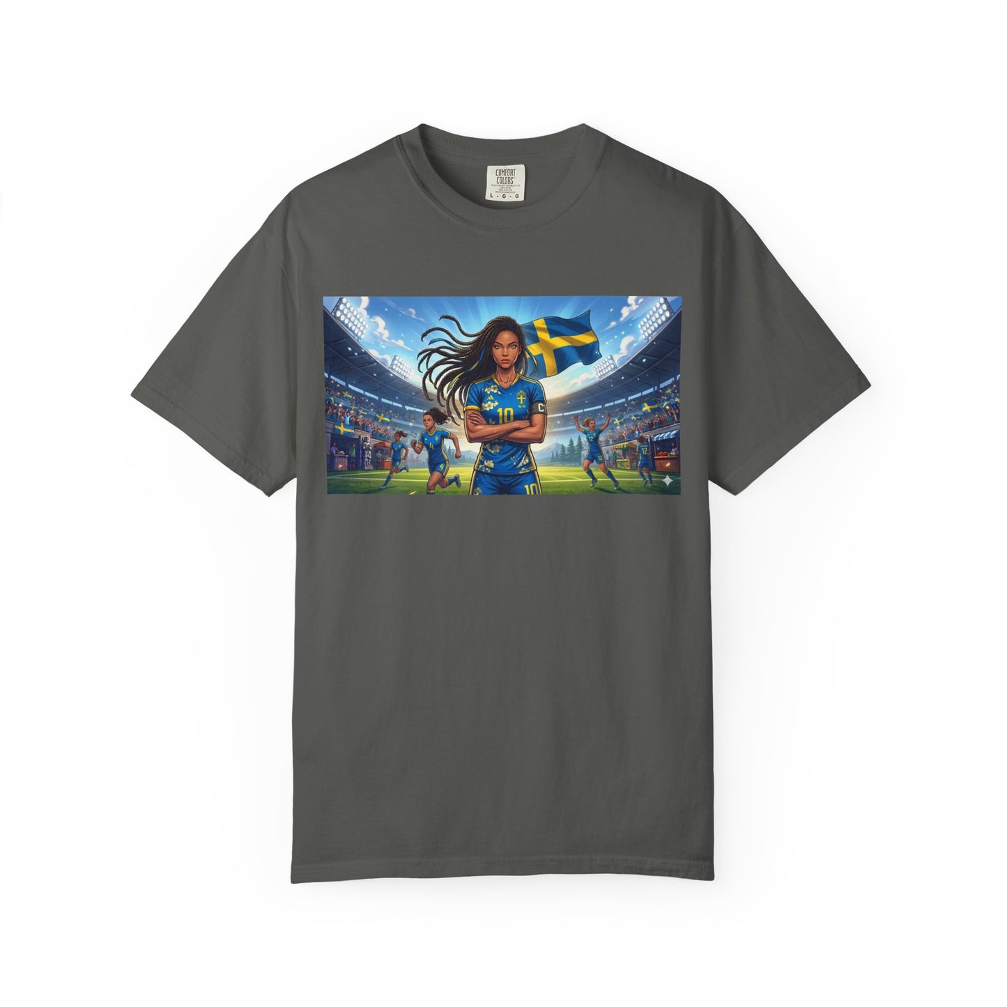 Swedish Soccer Pride T-Shirt — Female Footballer with Flag Stadium Design