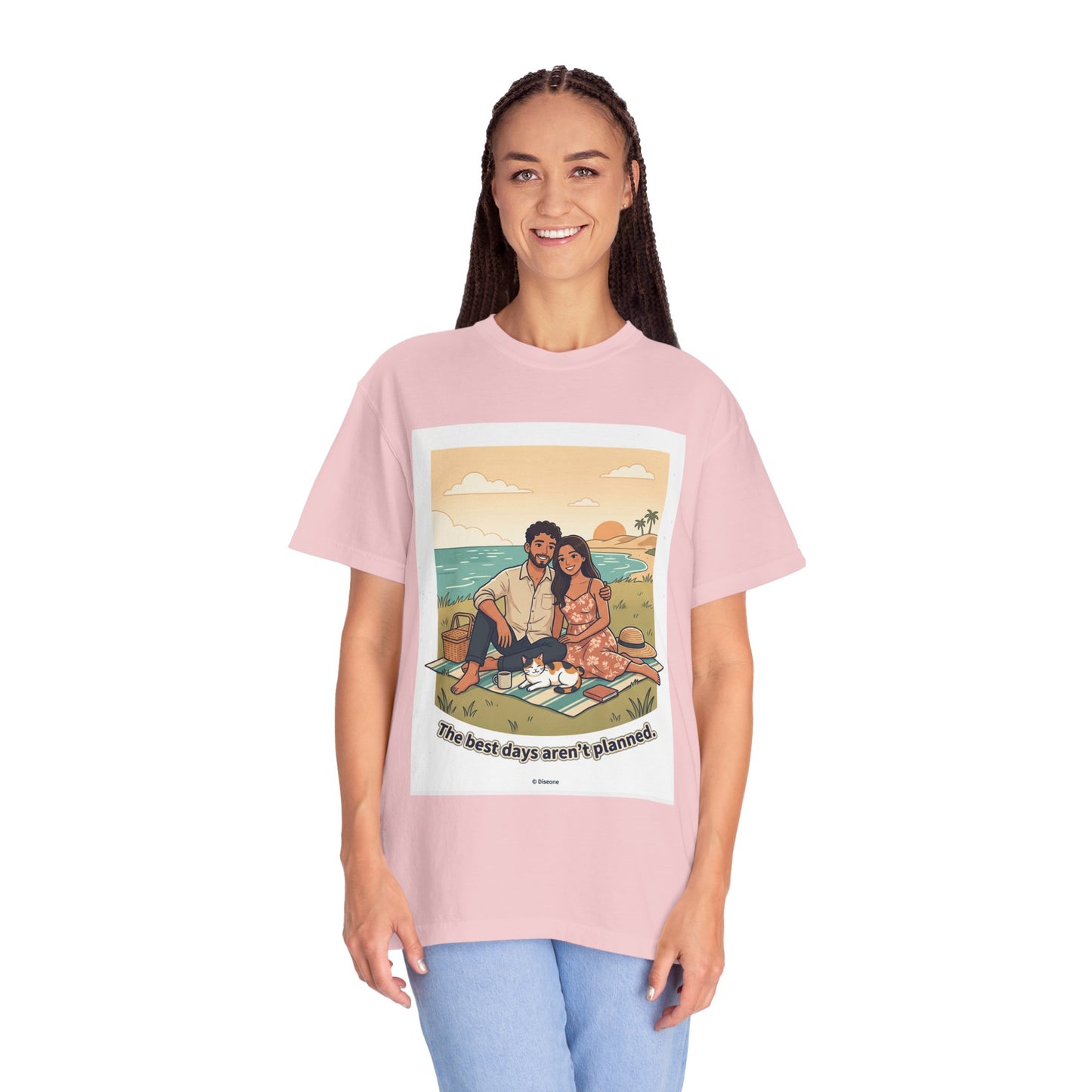 Beach Picnic Couple T‑Shirt — “The best days aren’t planned.” Relaxed Vacation Tee
