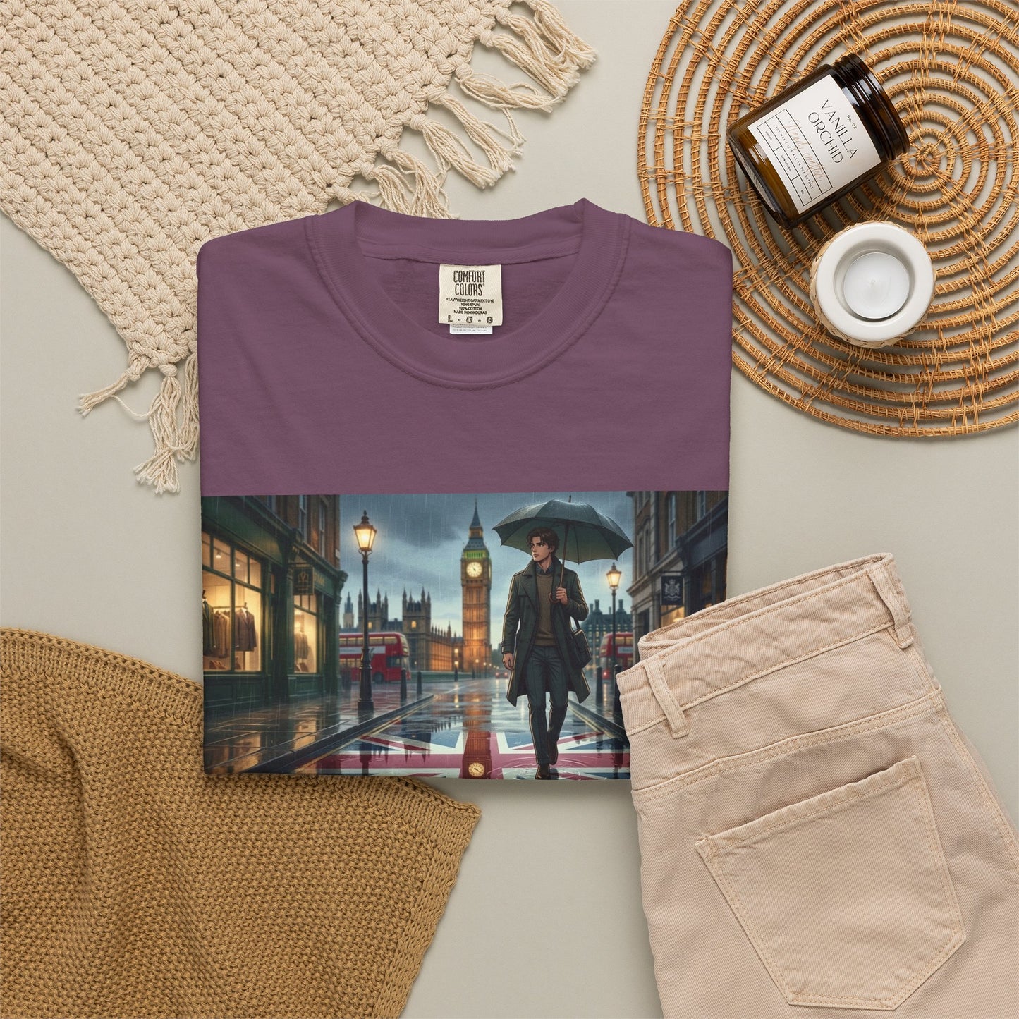 T-Shirt — Rainy London Street Scene Graphic Tee (Big Ben, Umbrella, Night Cityscape)