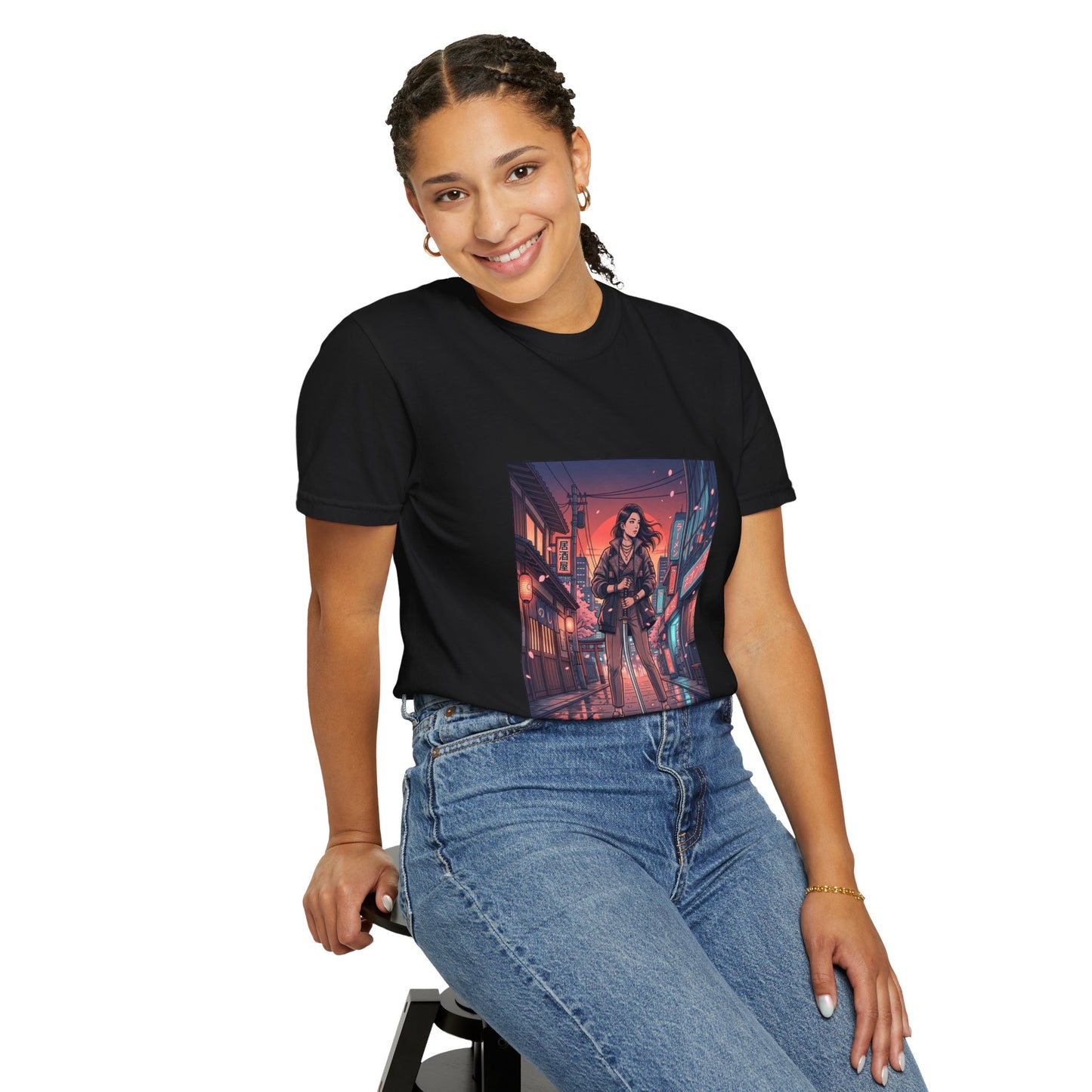 Cyberpunk Night Streets T‑Shirt — Neon Samurai Girl Graphic Tee