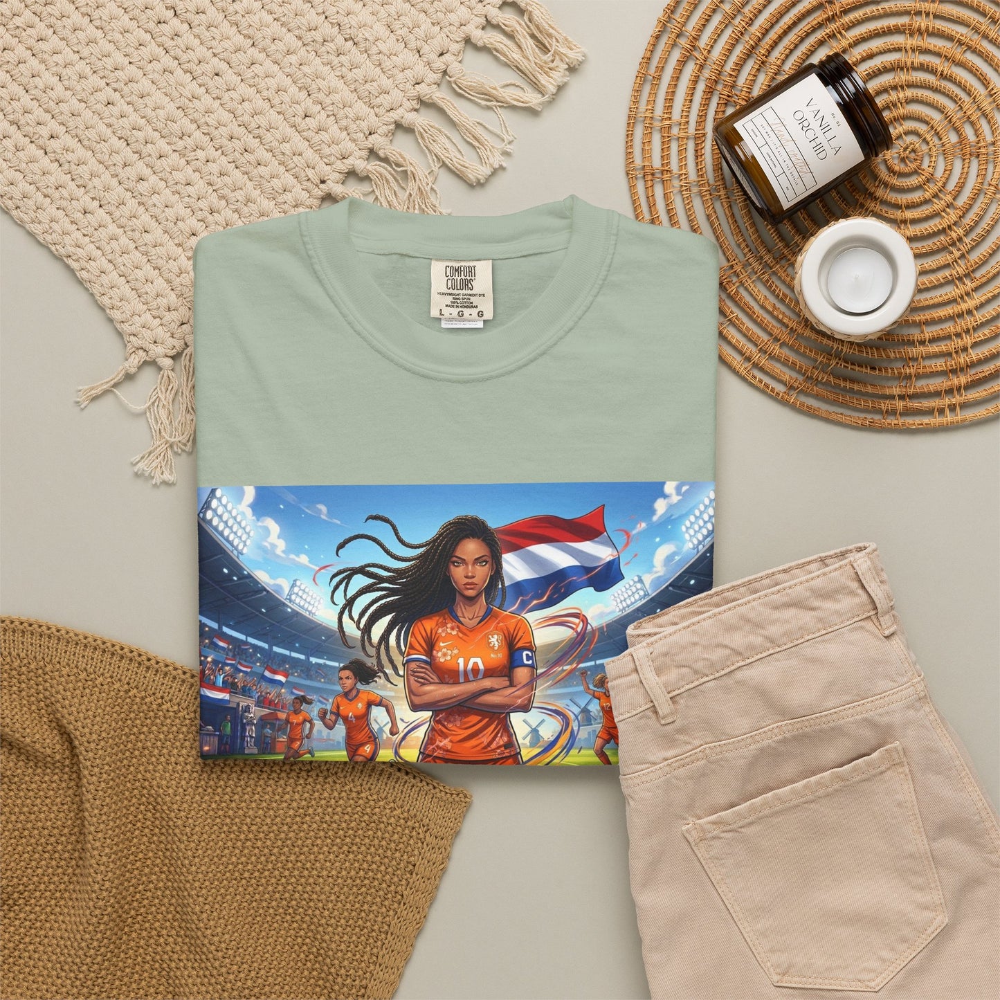 Soccer Warrior T-Shirt — Netherlands Female Captain with Flag Stadium Graphic