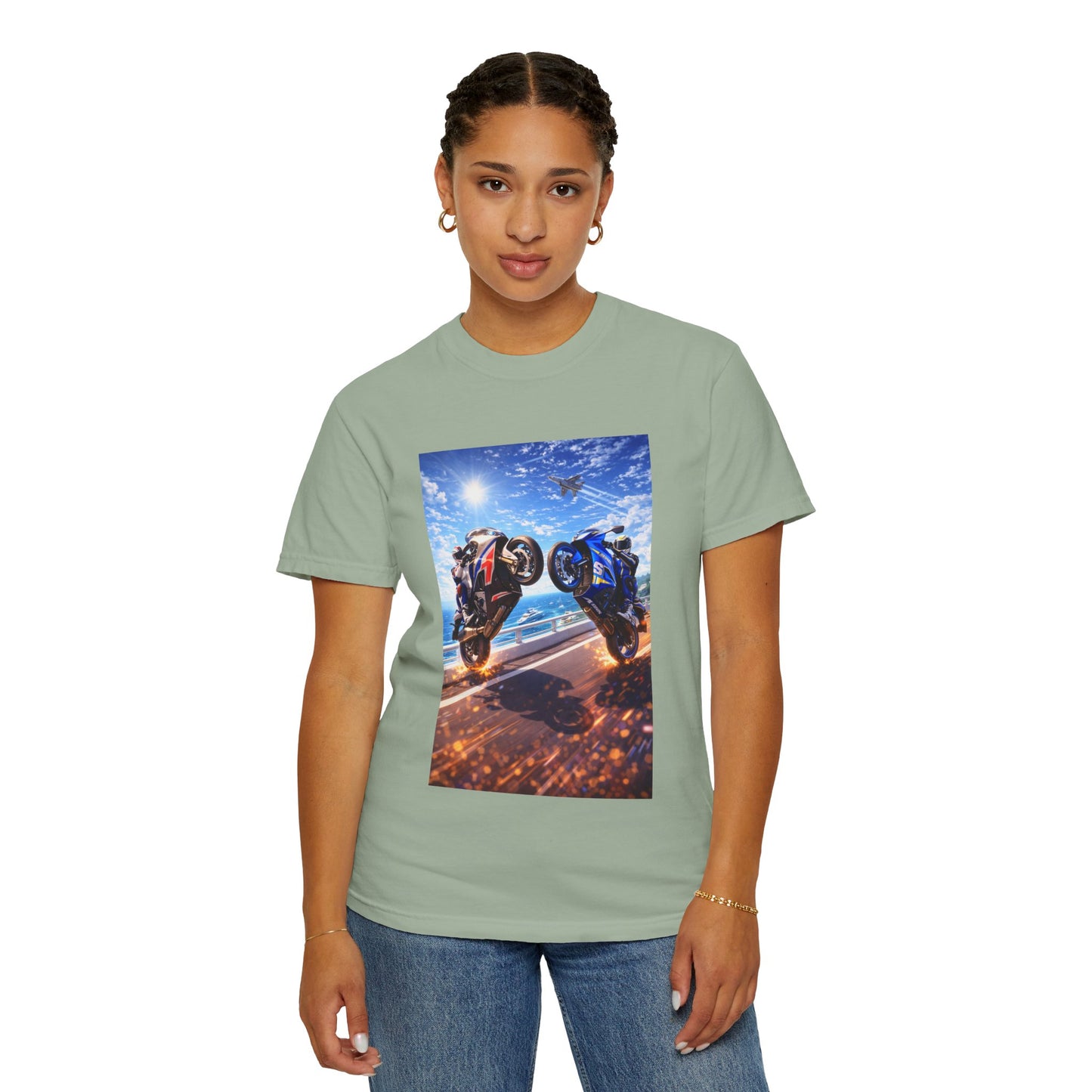 Stunt Riders Motorcycle T-Shirt — Two Bike Wheelie Racing Graphic Tee
