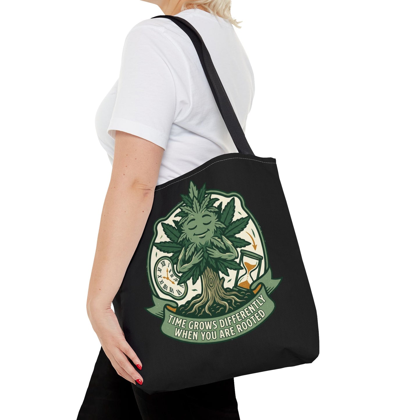 Rooted Tree Spirit Tote Bag — “Time Grows Different When You Are Rooted” Eco Tote