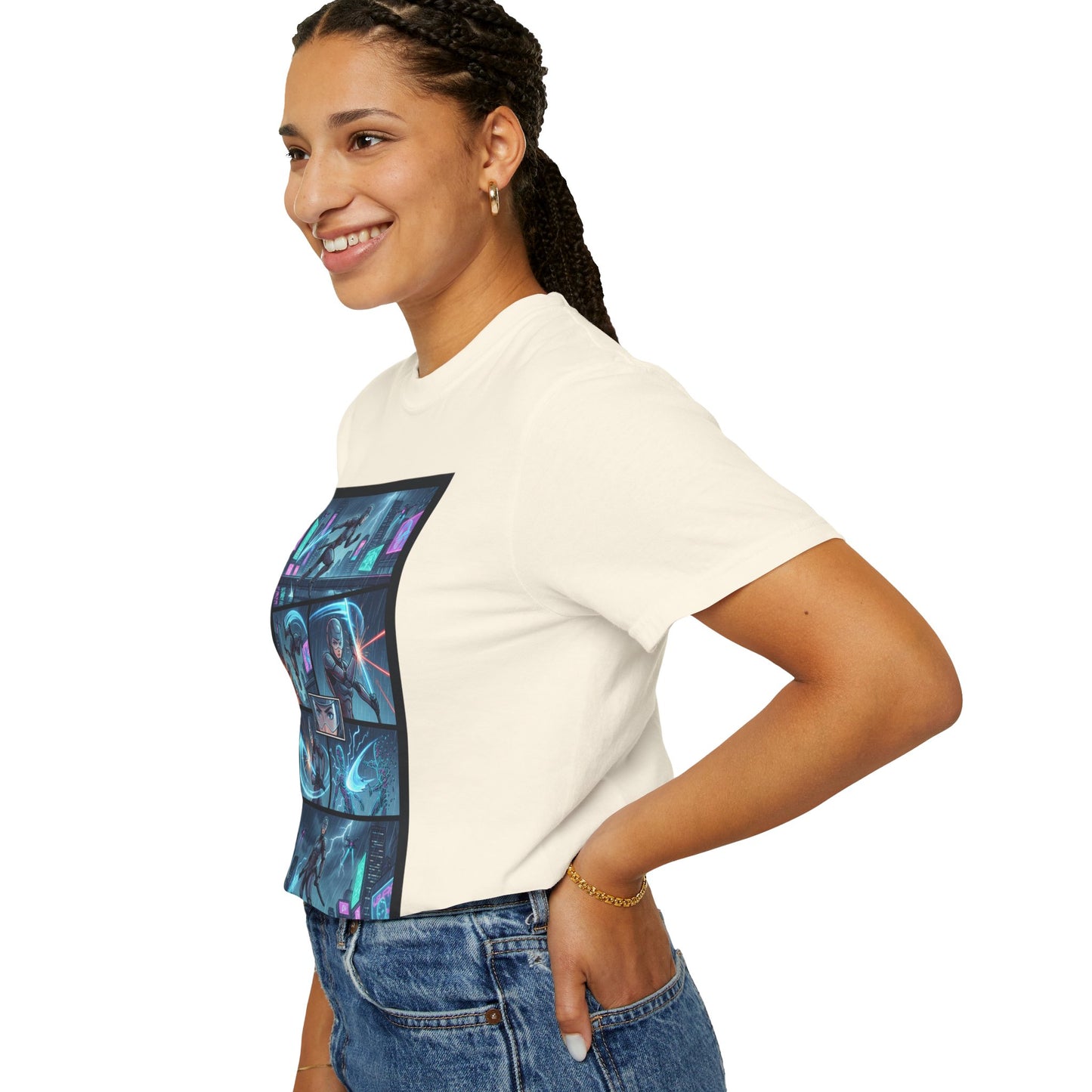 Cyberpunk Girl Samurai T-Shirt — Neon Manga Panel Graphic Tee