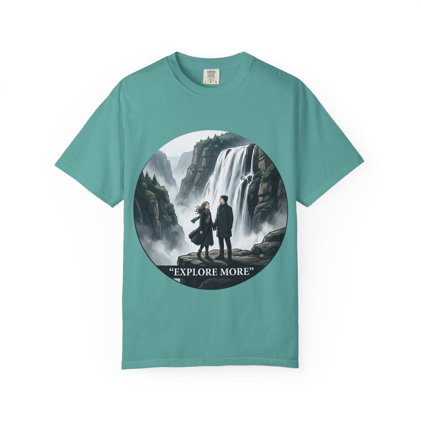 Explore More T-Shirt — Adventure Graphic Tee with Waterfall Scene