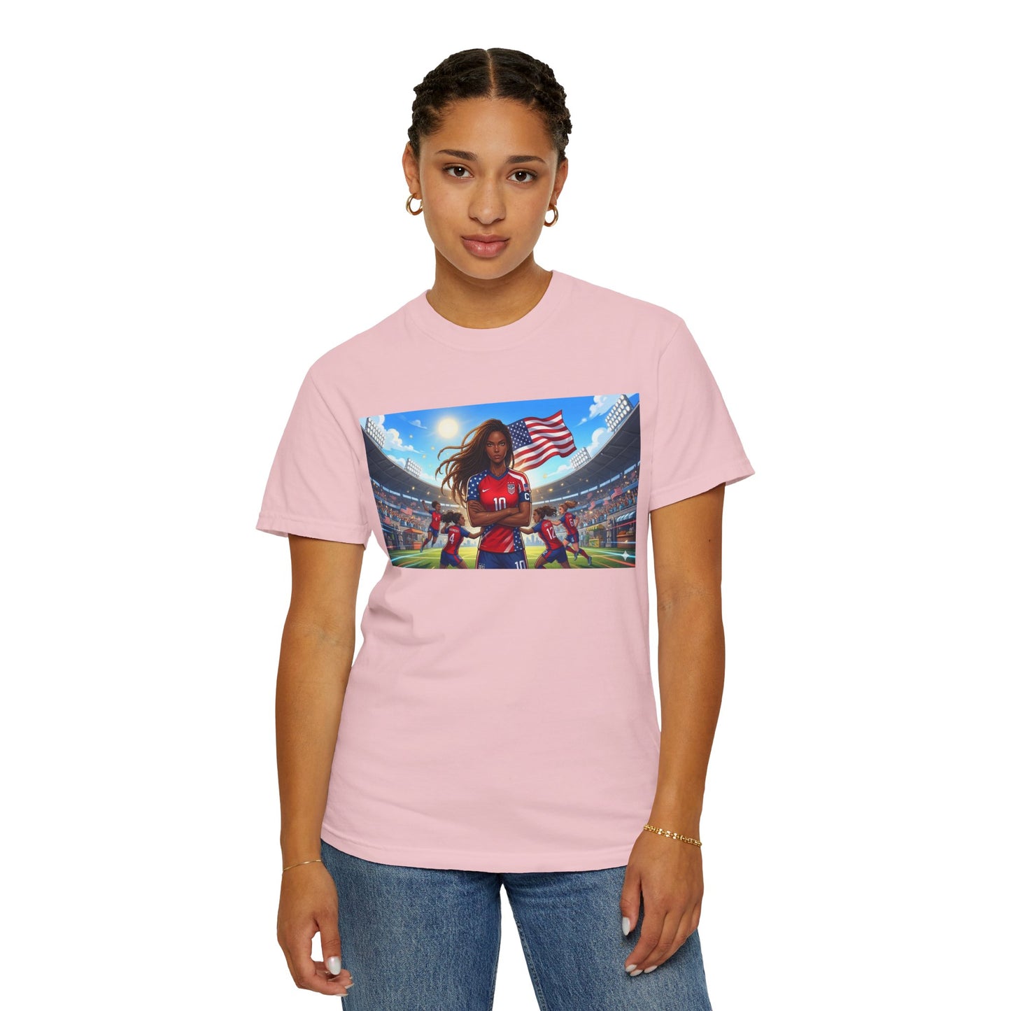 Soccer Mom USA T-Shirt — Female Soccer Player with American Flag Stadium Graphic