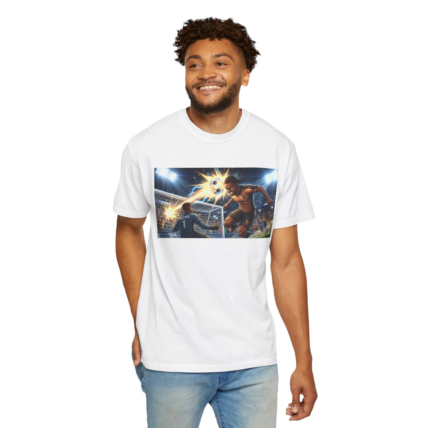 Soccer Goal Celebration T-Shirt — Action Football Scene Graphic Tee
