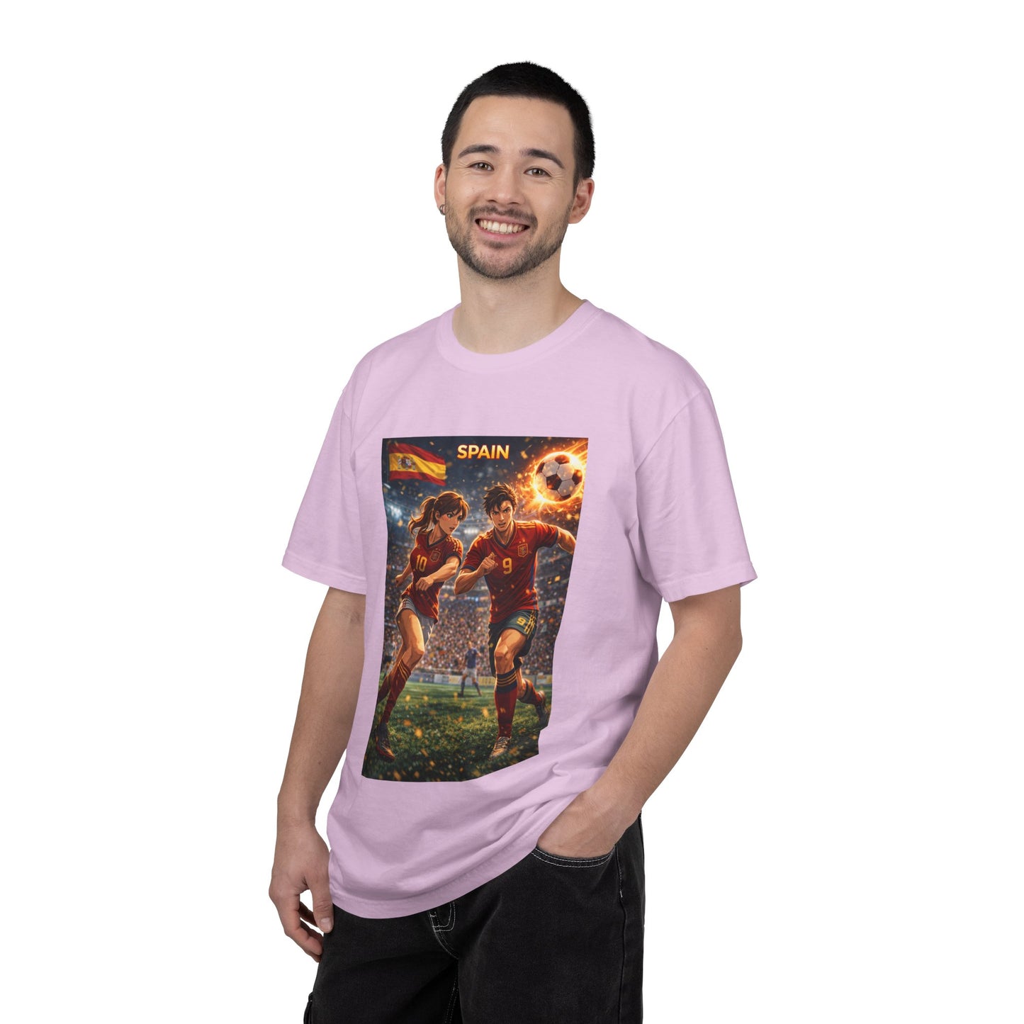 Spain Soccer Graphic T-Shirt — Retro Match Scene with Flag