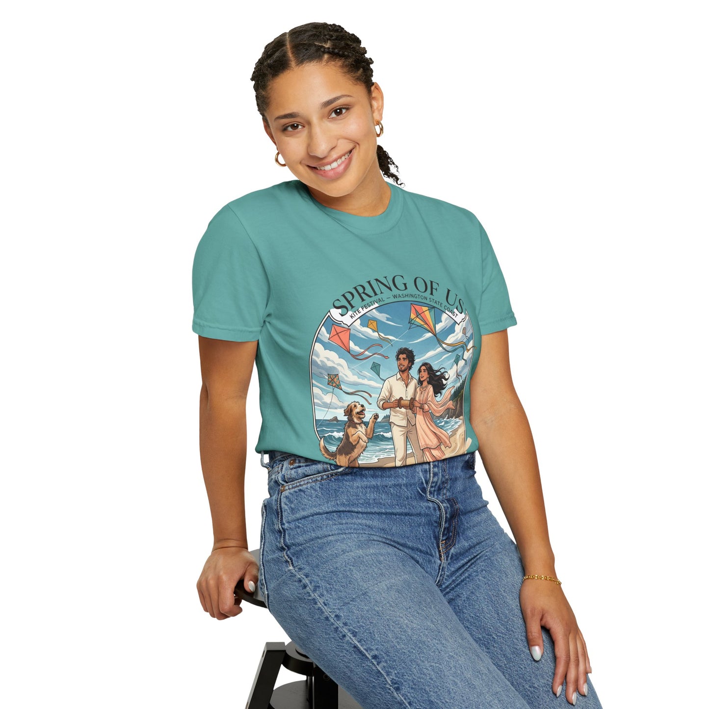 Spring of Us T-Shirt — Romantic Beach Couple Illustration with Dog