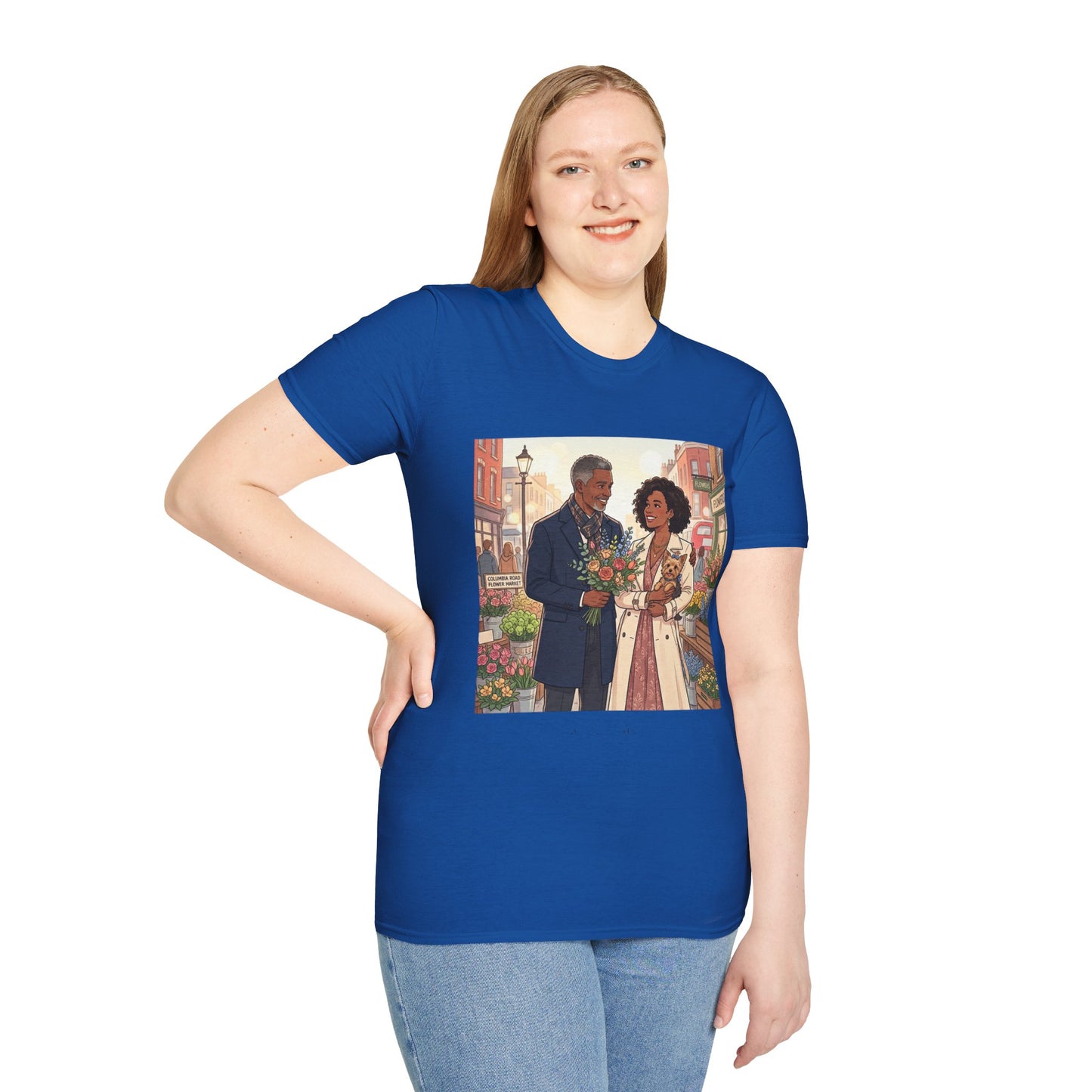 Romantic City Stroll T-Shirt — Couple Bouquet Illustration