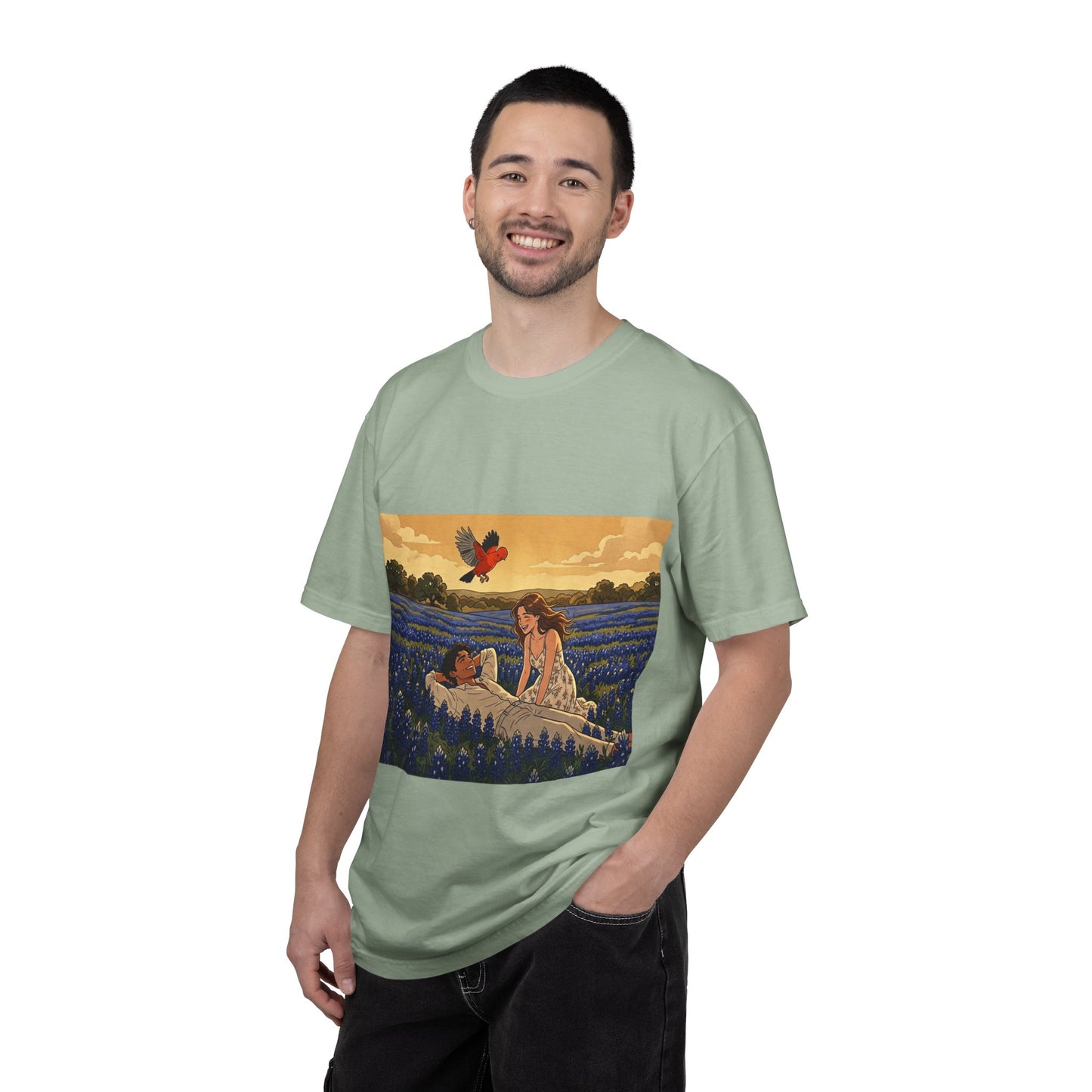 Romantic Bluebonnet Field T-Shirt — Couple in Wildflower Meadow Art Tee