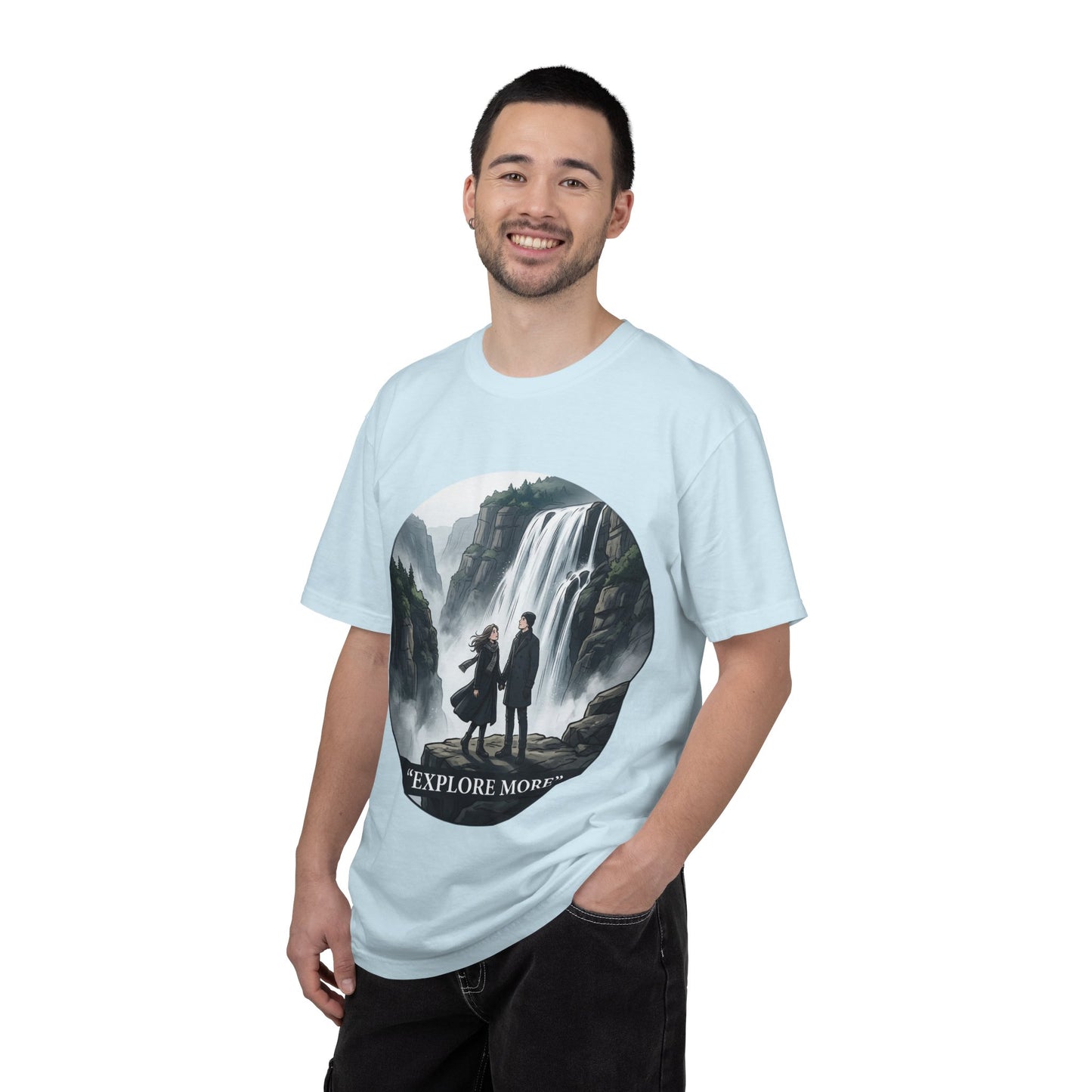 Explore More T-Shirt — Adventure Graphic Tee with Waterfall Scene