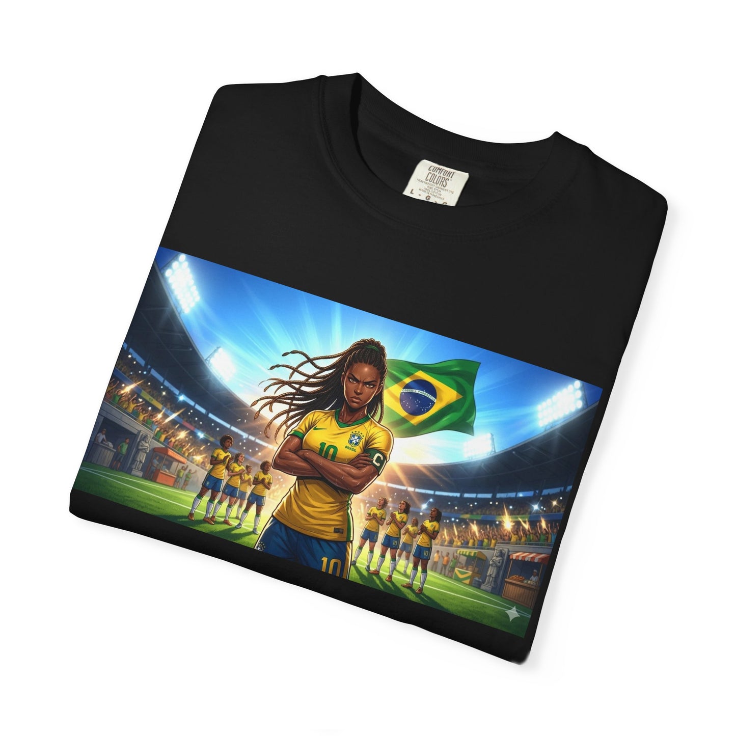 Brazil Soccer Captain T-Shirt — Player Holding Ball with Brazilian Flag Stadium Graphic