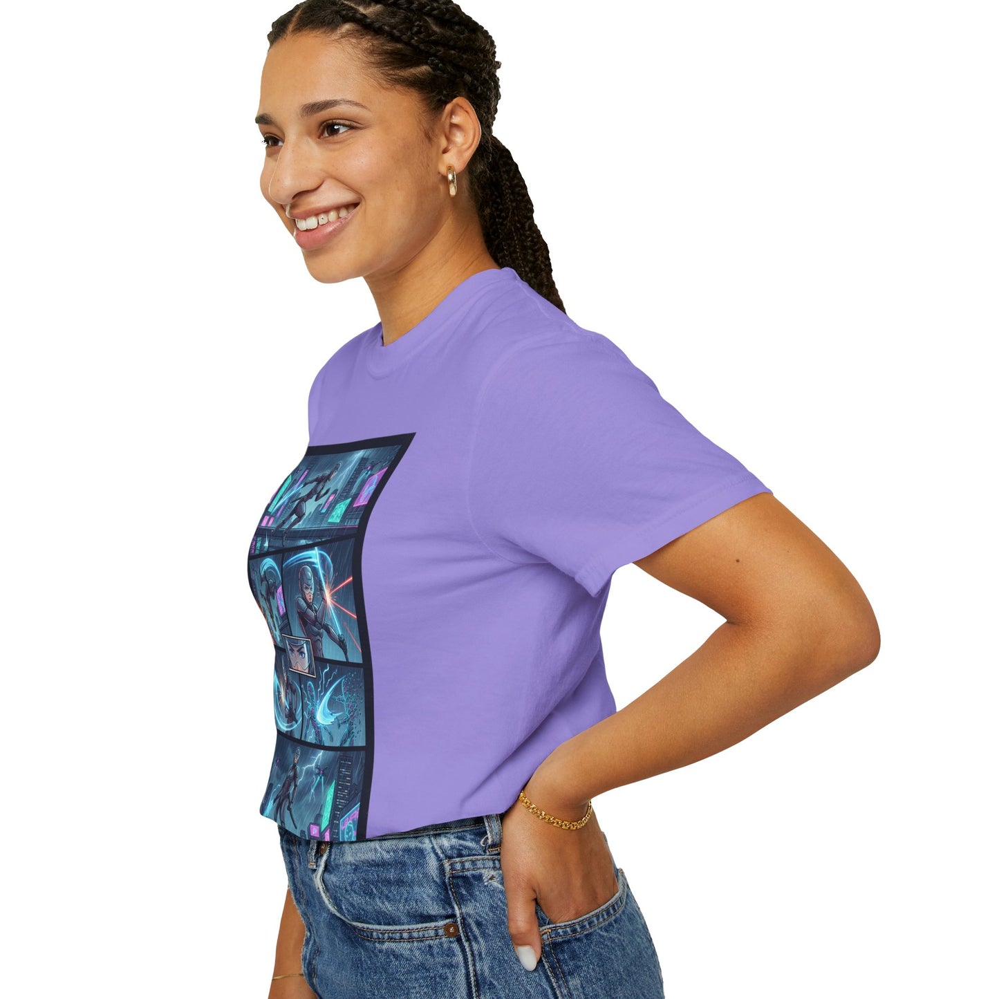 Cyberpunk Girl Samurai T-Shirt — Neon Manga Panel Graphic Tee
