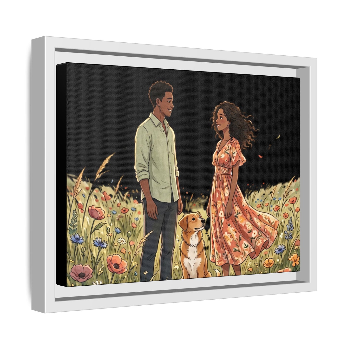 Framed Matte Canvas Print — Romantic Couple in Wildflower Field (Multi‑Color)