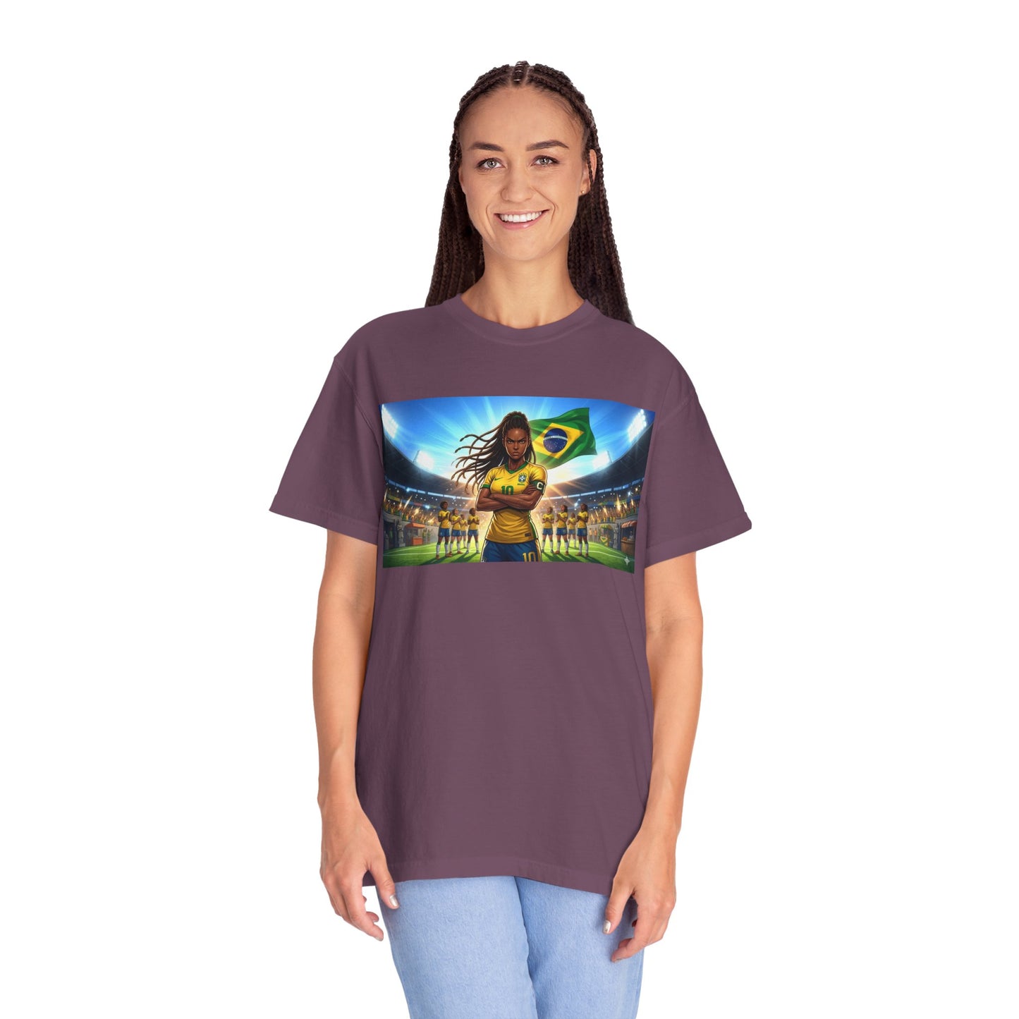 Brazil Soccer Captain T-Shirt — Player Holding Ball with Brazilian Flag Stadium Graphic