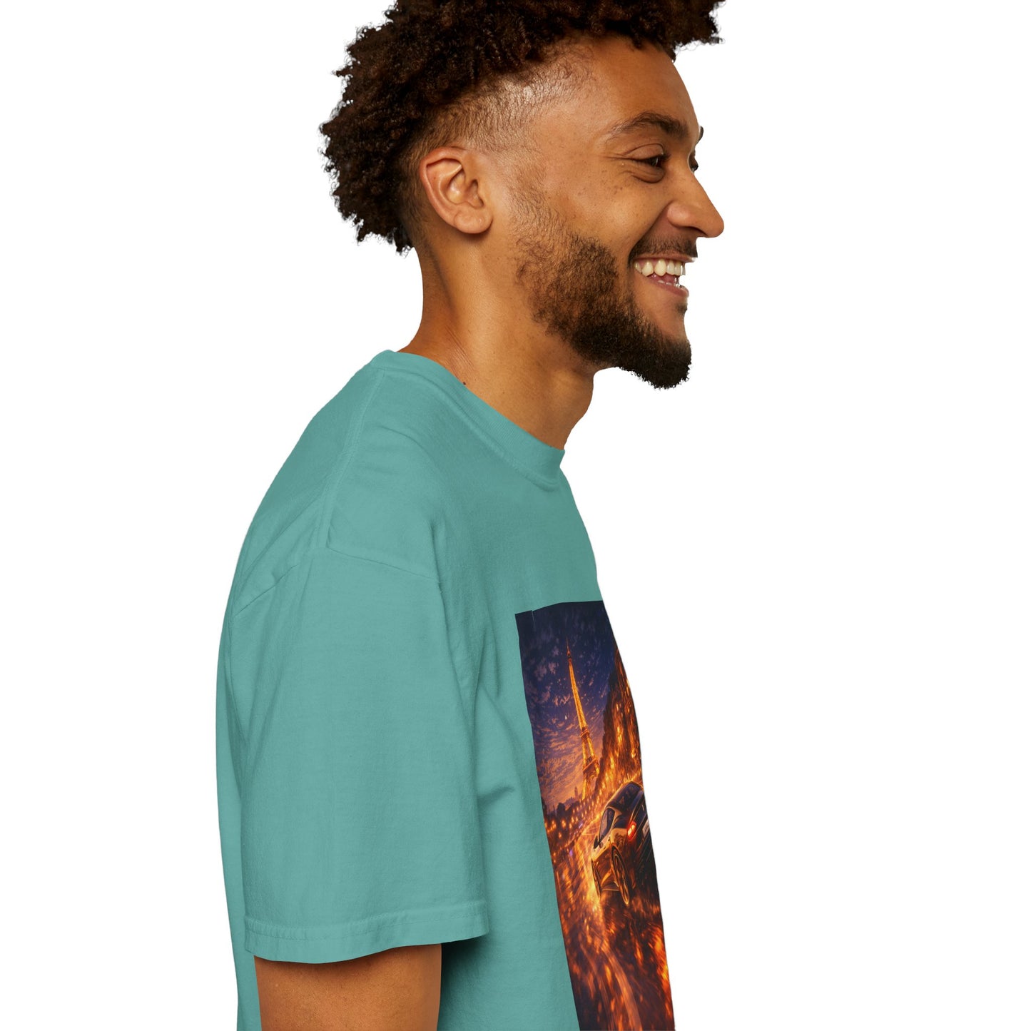 Paris Night Drive T-Shirt — Sports Car in Rainy Cityscape
