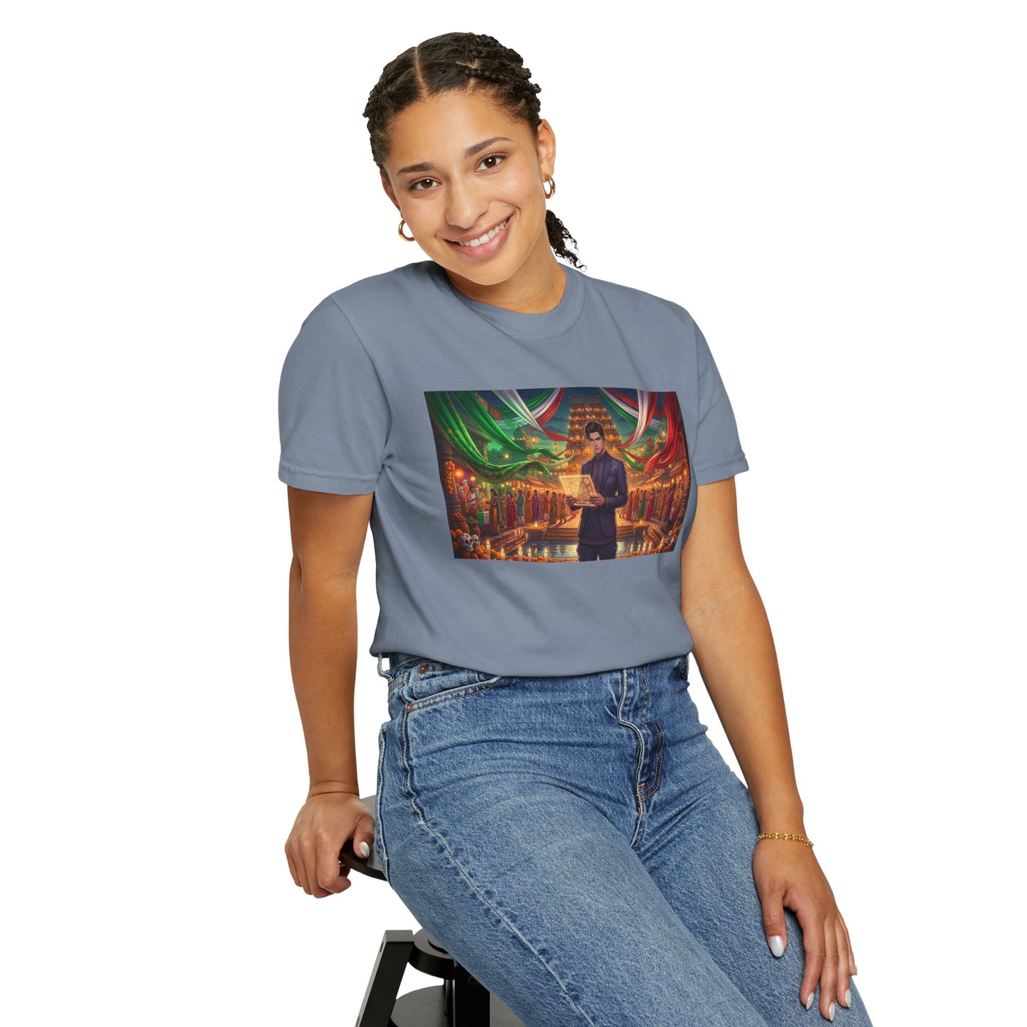T-Shirt — Dragon Temple Night Scene Graphic Tee (Monk with Dragons)