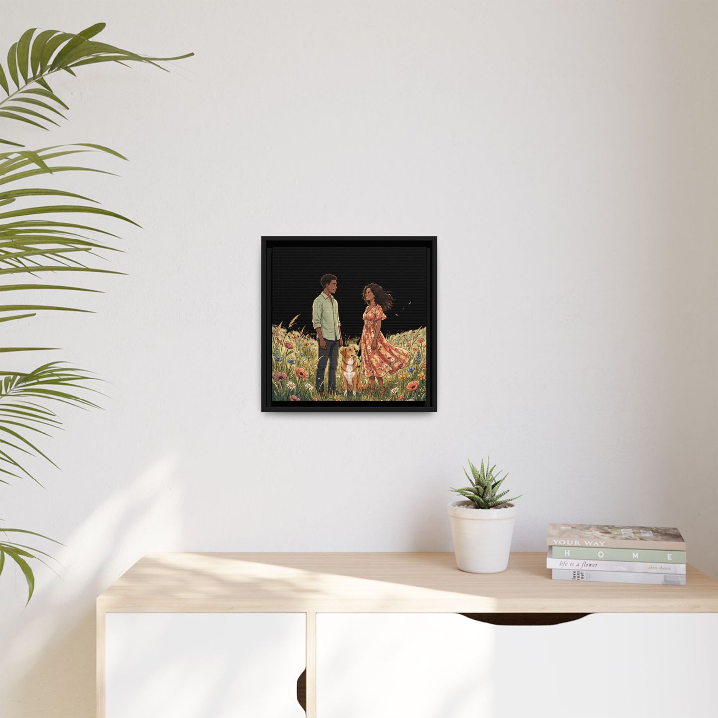Framed Matte Canvas Print — Romantic Couple in Wildflower Field (Multi‑Color)