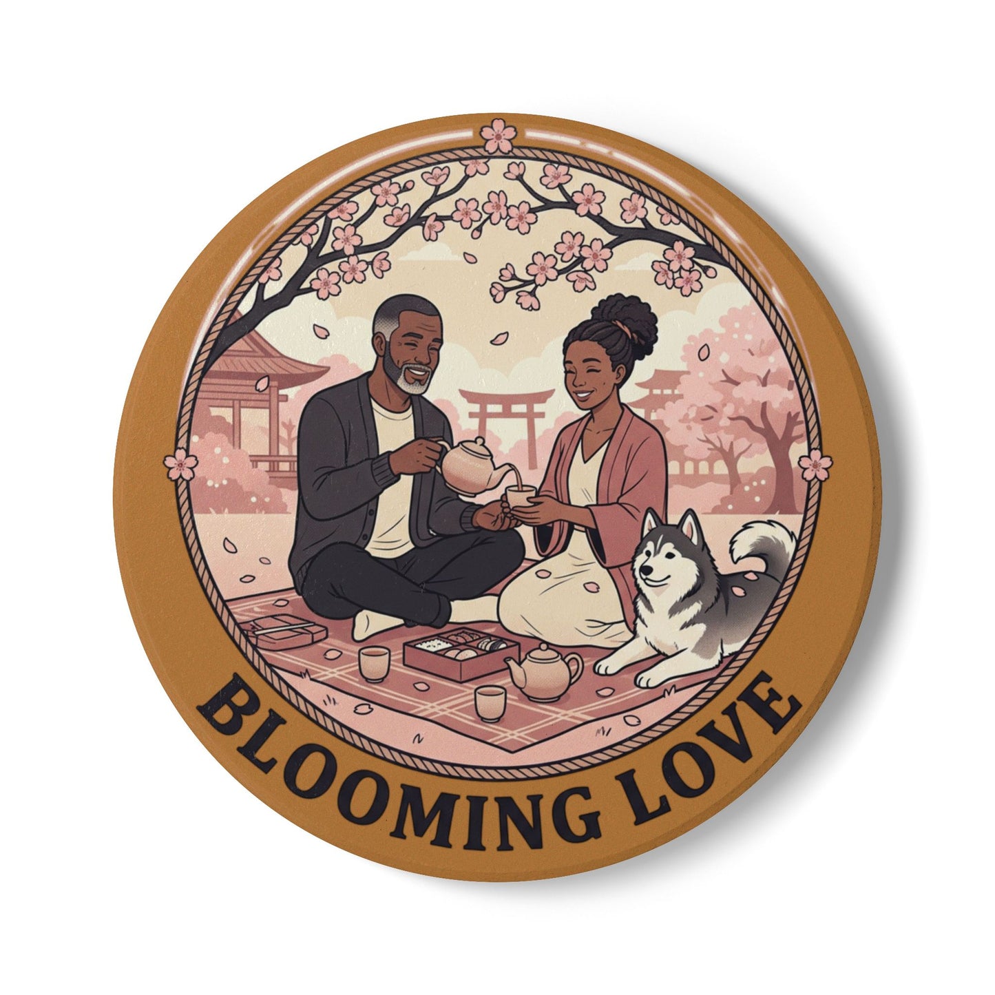Blooming Love Ceramic Coaster — Romantic Picnic Cherry Blossom Tea Time Gift